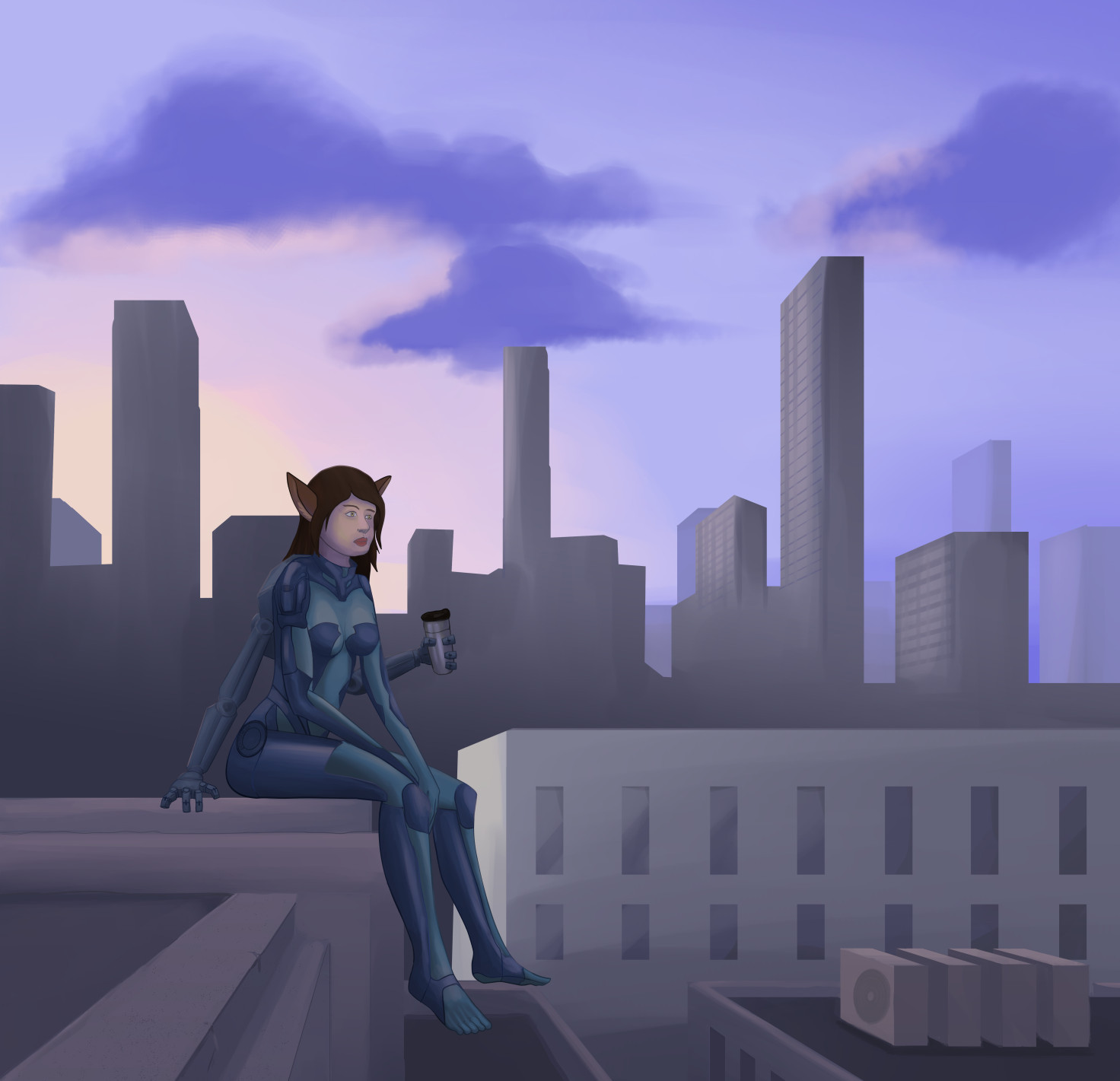 Cyborg catgirl enjoys coffee the top of a building with city skyline in the background.