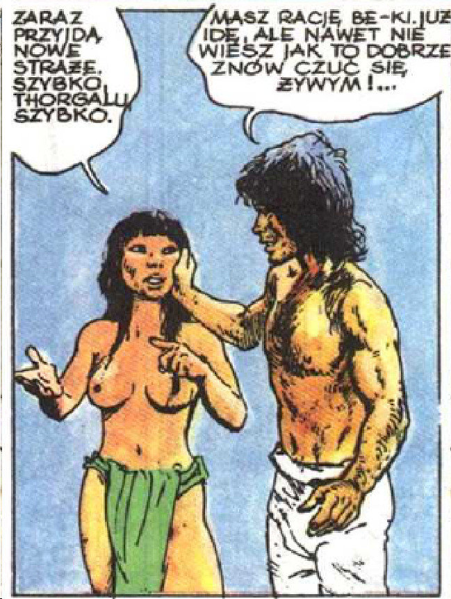 Uncensored panel from Polish edition of "Thorgal" comic with nipples of woman visible.