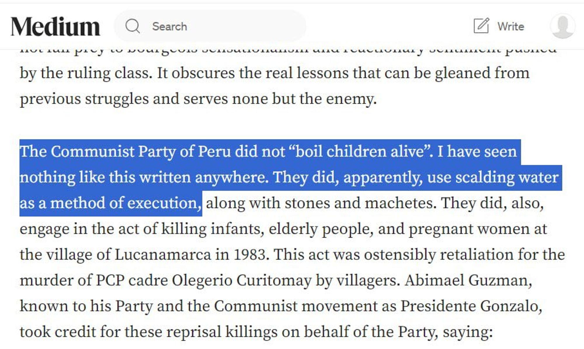 Communist Party of Peru did not boil children alive, it only used scalding water as a method of execution along with stones and machetes.