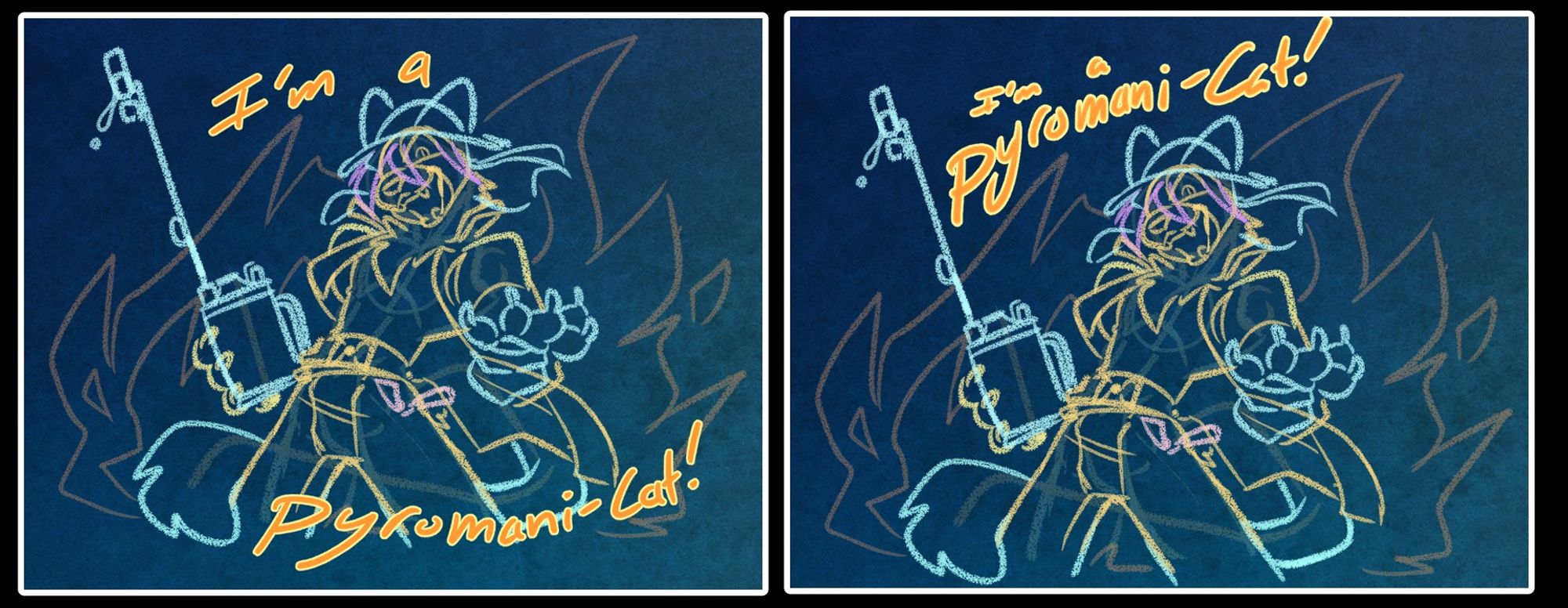 Wireframe sketch of a manic-looking anthropomorphic Panther character in Australian Fire-Fighters garb holding a drip-torch with the text 'I'm a Pyromani-Cat!" above them and a blaze of fire behind them in two different positionings