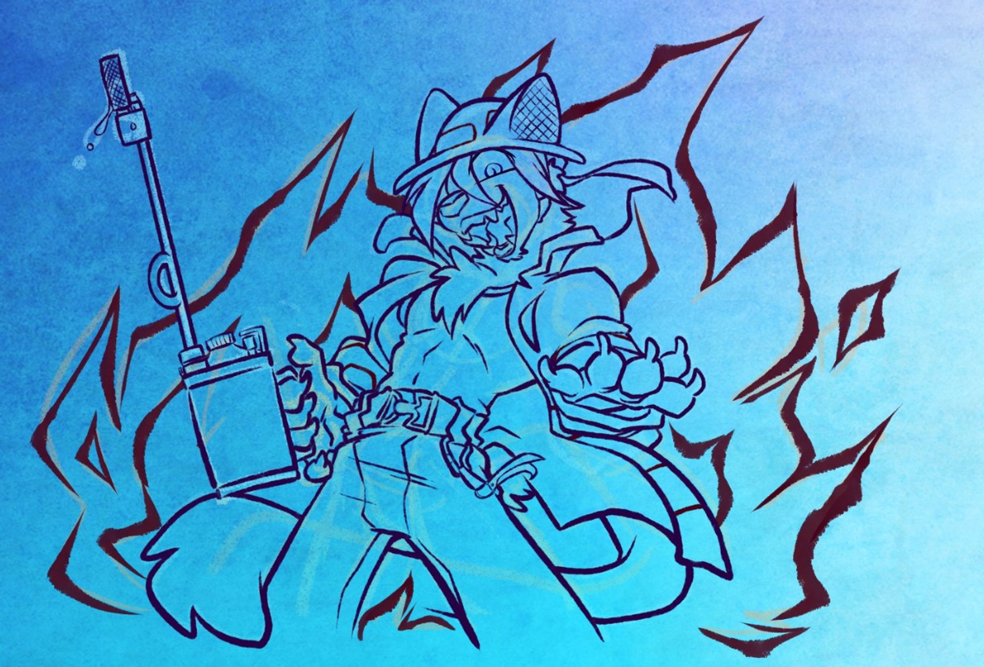 Lineart ink only version manic-looking anthropomorphic Panther character in Australian Fire-Fighters garb holding a drip-torch with a blaze of fire behind them on a blue backdrop