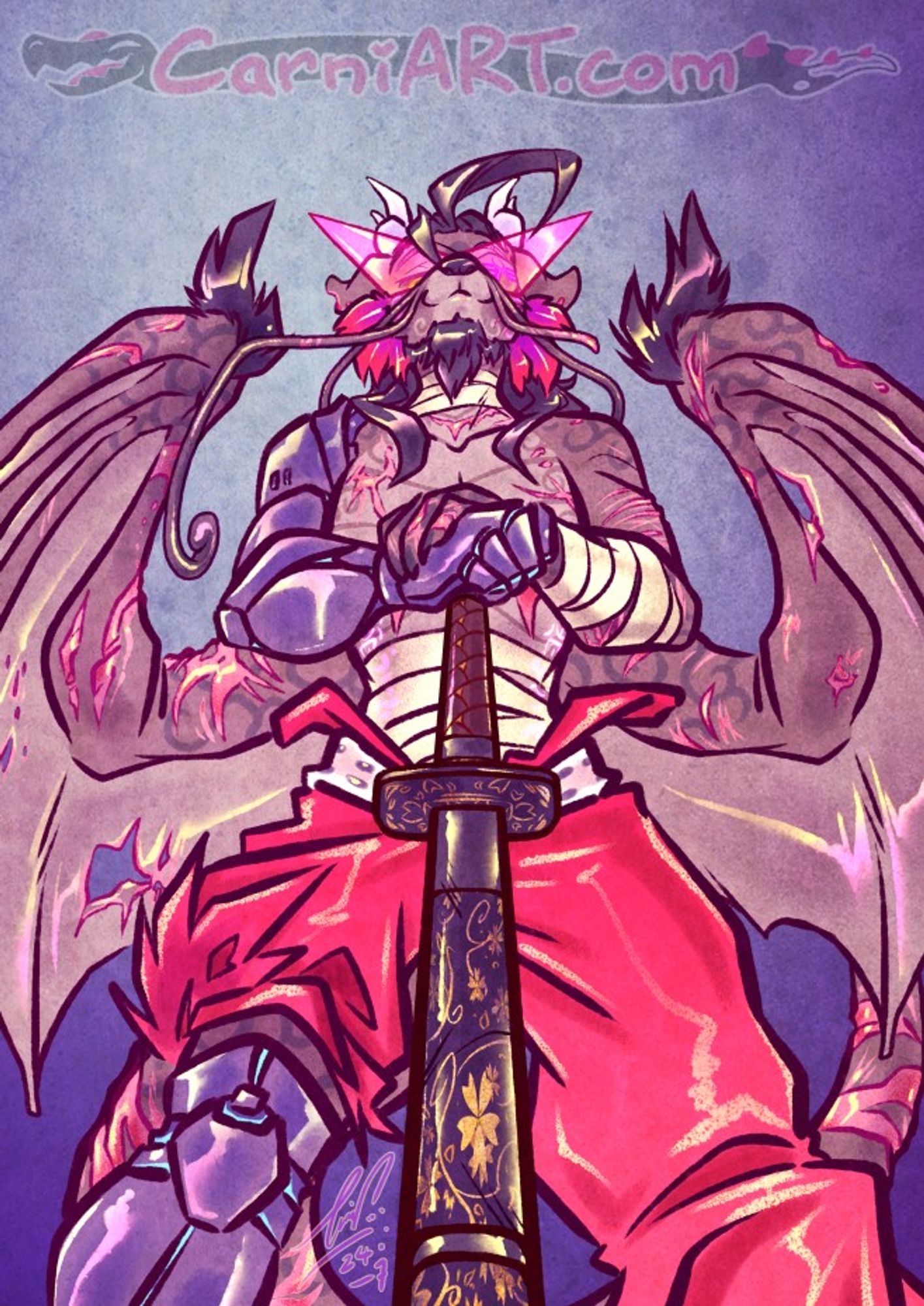 An anthropomorphic Eastern Dragon chatacter in grey and dark colours wearing red slacks, a few bandage-wrappings and a pair of bright pink 'Kamina Glasses' with a cybernetic right arm and leg. He is looking down at the viewer with a calm smiling expression, both hands rested over the pommel of a sheathed black Katana sword (with gold inlay decorations) wings rest to either side.