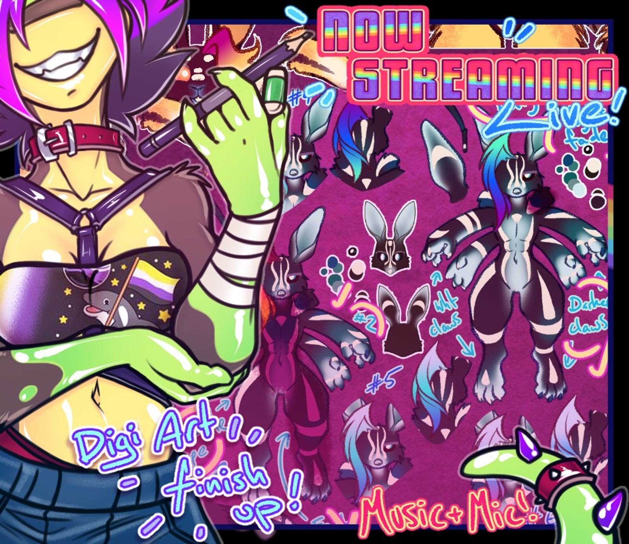 Live Streaming Poster featuring artists fursona and a preview of what is being drawn: Hivebrid Design Characters: a BilBEE, a BunBEE and a BeeCat!