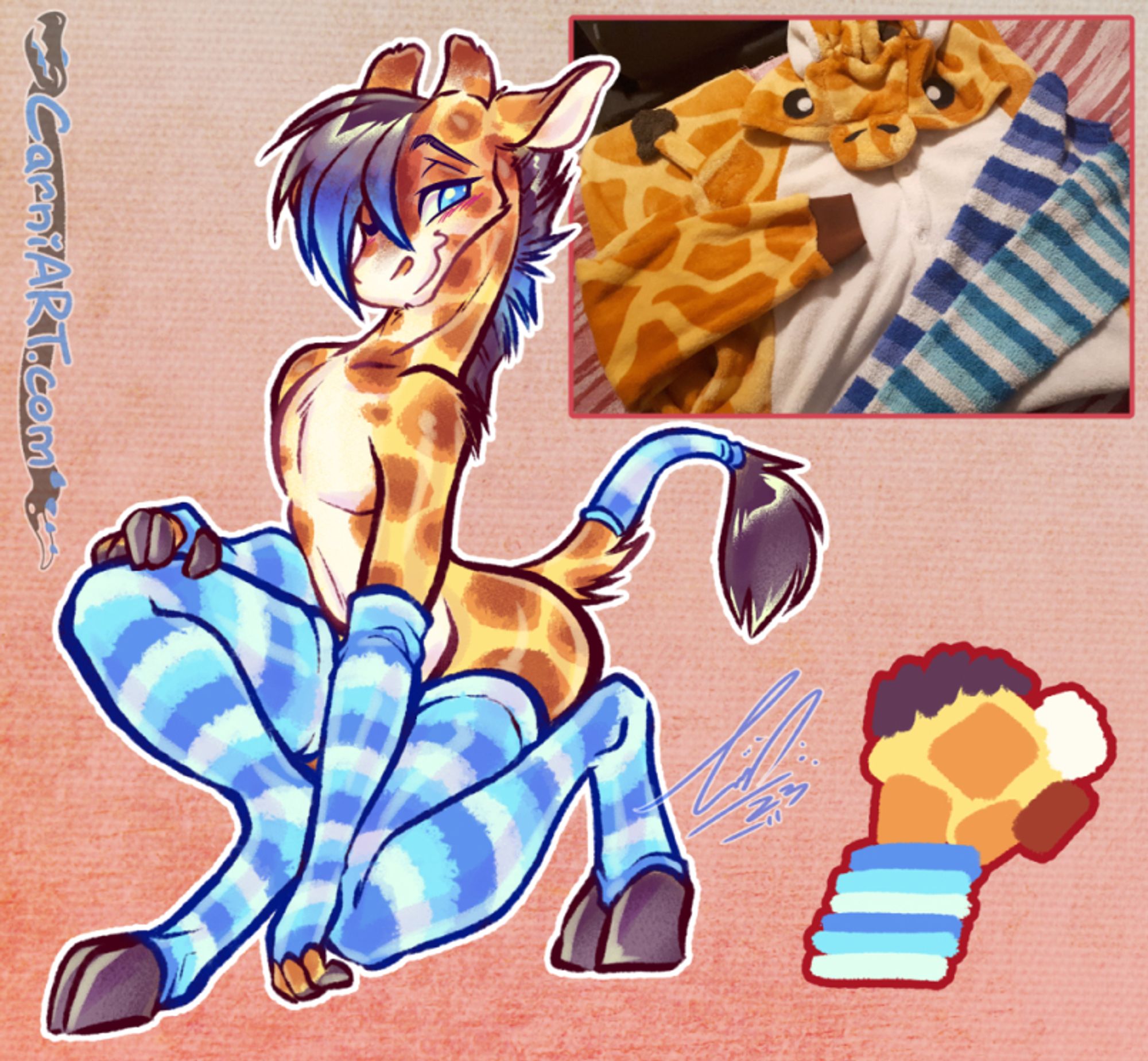 A lithe anthropomorphic Giraffe in blue, pale blue and white long stripy socks, are and tail-sock with a shy expression (with an inset photo of the onesie and socks they is based off)