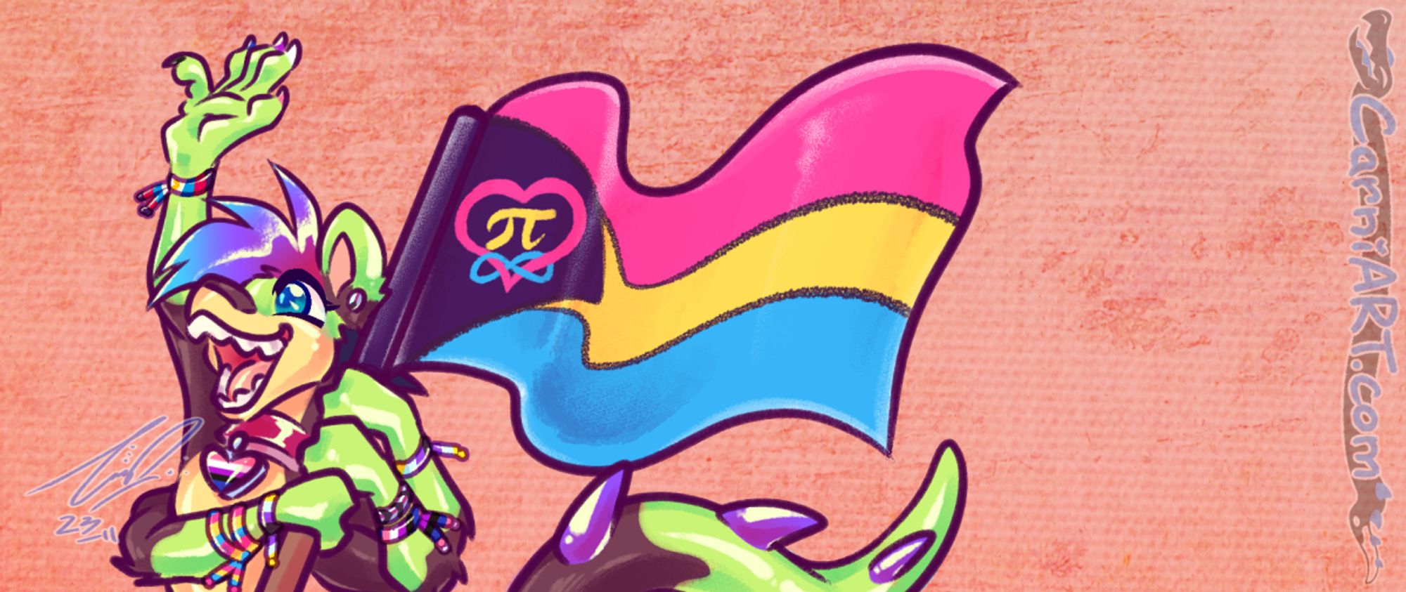 Artists Fursona, Carnival (a Crocodile Panther Hybrid with 4 arms) excitedly waving with one arm and the other 3 holding up a large Poly-Demi-Pan Pride amalgamation Flag. They primarily green, dark brown and yellow in colours with maroon, purlple and cyan hair, deep teal eyes and purple tails studs & are wearing a Demi-flag ear stud, a GenderFluid heart-charm on a collar and painted claws as well as Demi, Genderfluid, Non Binary, New Poly and Pan coloured friendships bracelets