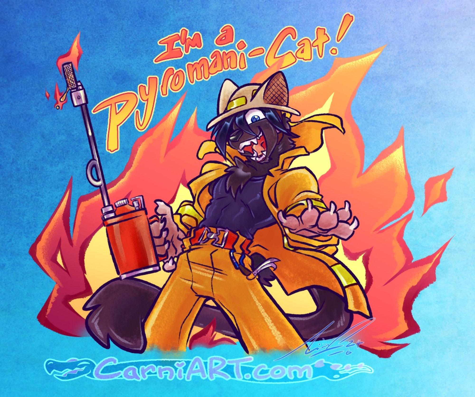 A manic-looking anthropomorphic Panther character in Australian Fire-Fighters garb holding a drip-torch with the text 'I'm a Pyromani-Cat!" above them and a blaze of fire behind them on a blue backdrop