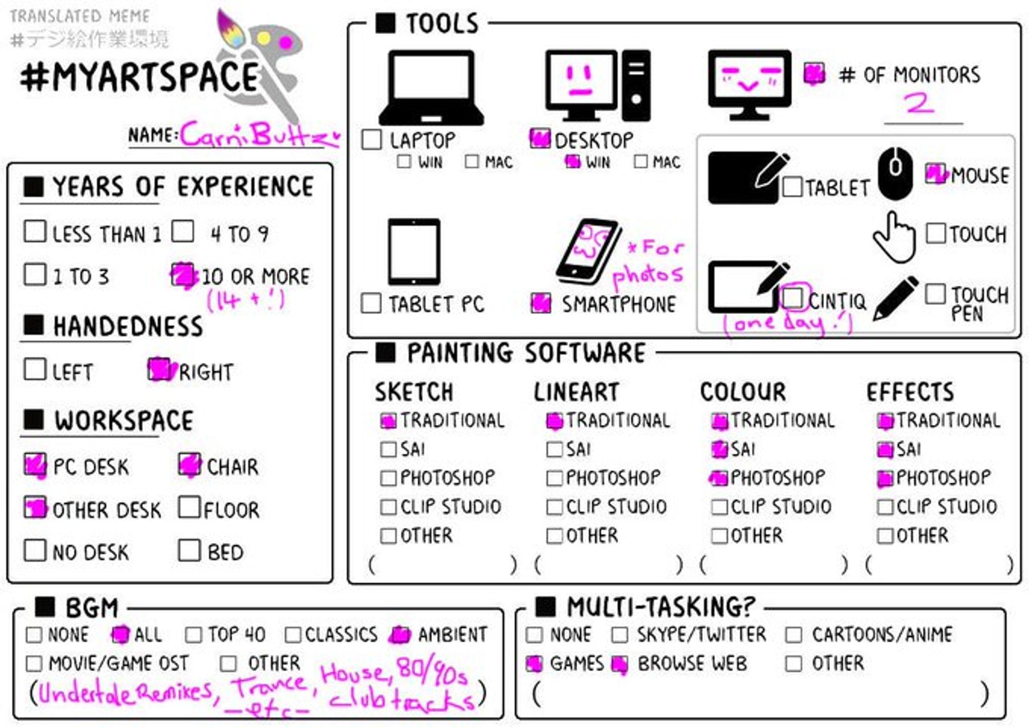 A 'What Art Tools do you use?' form filled out with artists details from 2016 with pink text