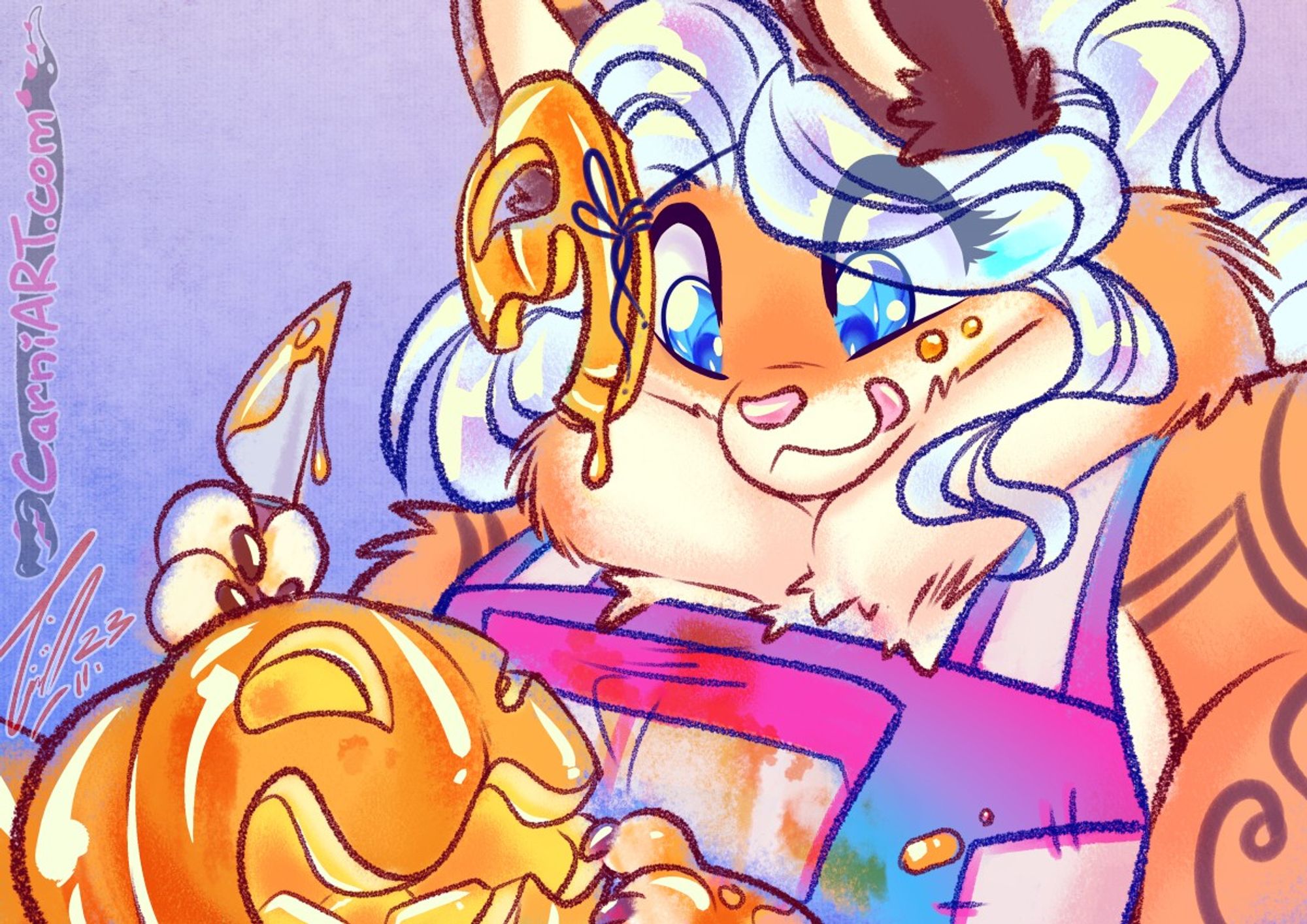 a close-up crop of a cute Trans'Fem Anthropomorphic Foxgirl carving a Halloween-Pumpkin in a Pumpkin mask and pink, blue and white overalls