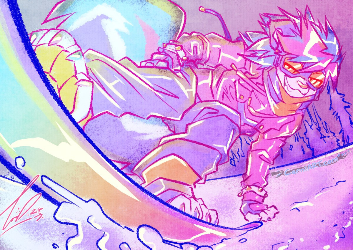 Neon tinted Scene of a cool anthropomorphic skunk snowboarding up close to the camera