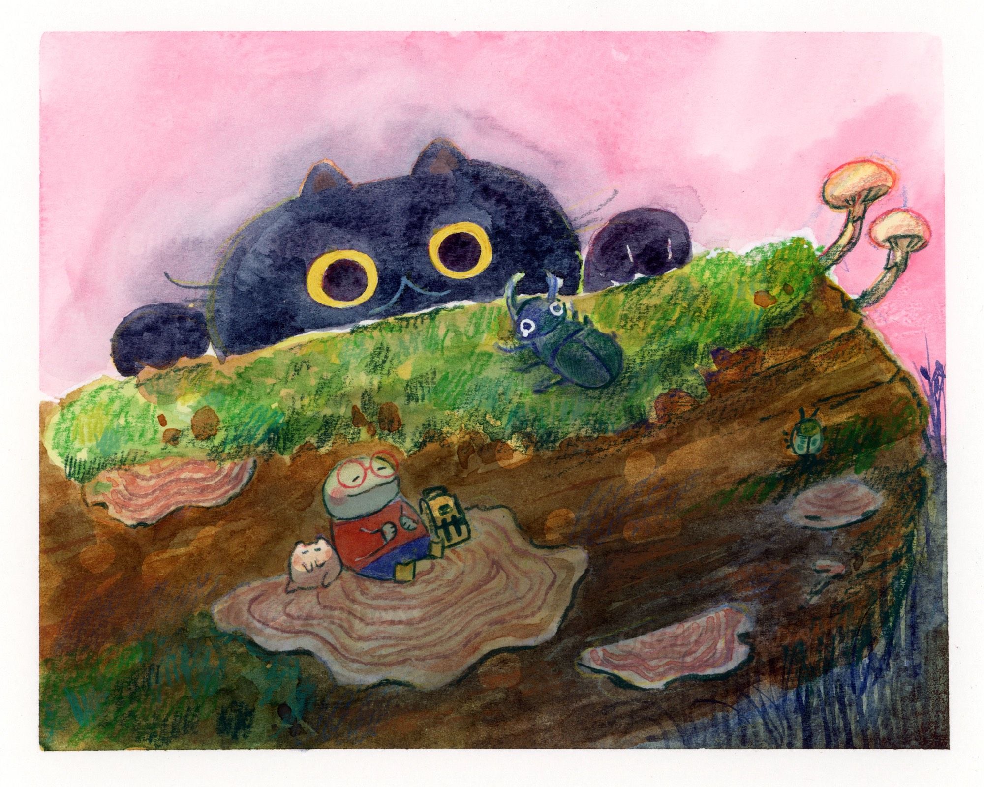 A watercolor illustration of a frog and a smol white cat like creature sleeping on a mushroom growing out of a mossy log. In the background, a black cat with unknown intentions, seems to be peering at a beetle on the log.