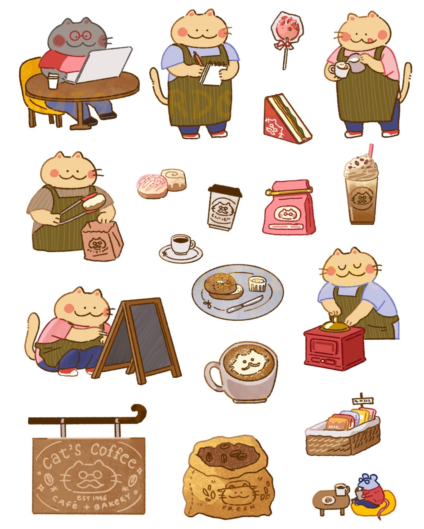 Various cute illustrations showing a barista cat and some glimpses of cafe life like food, customers (including a mouse), and signage