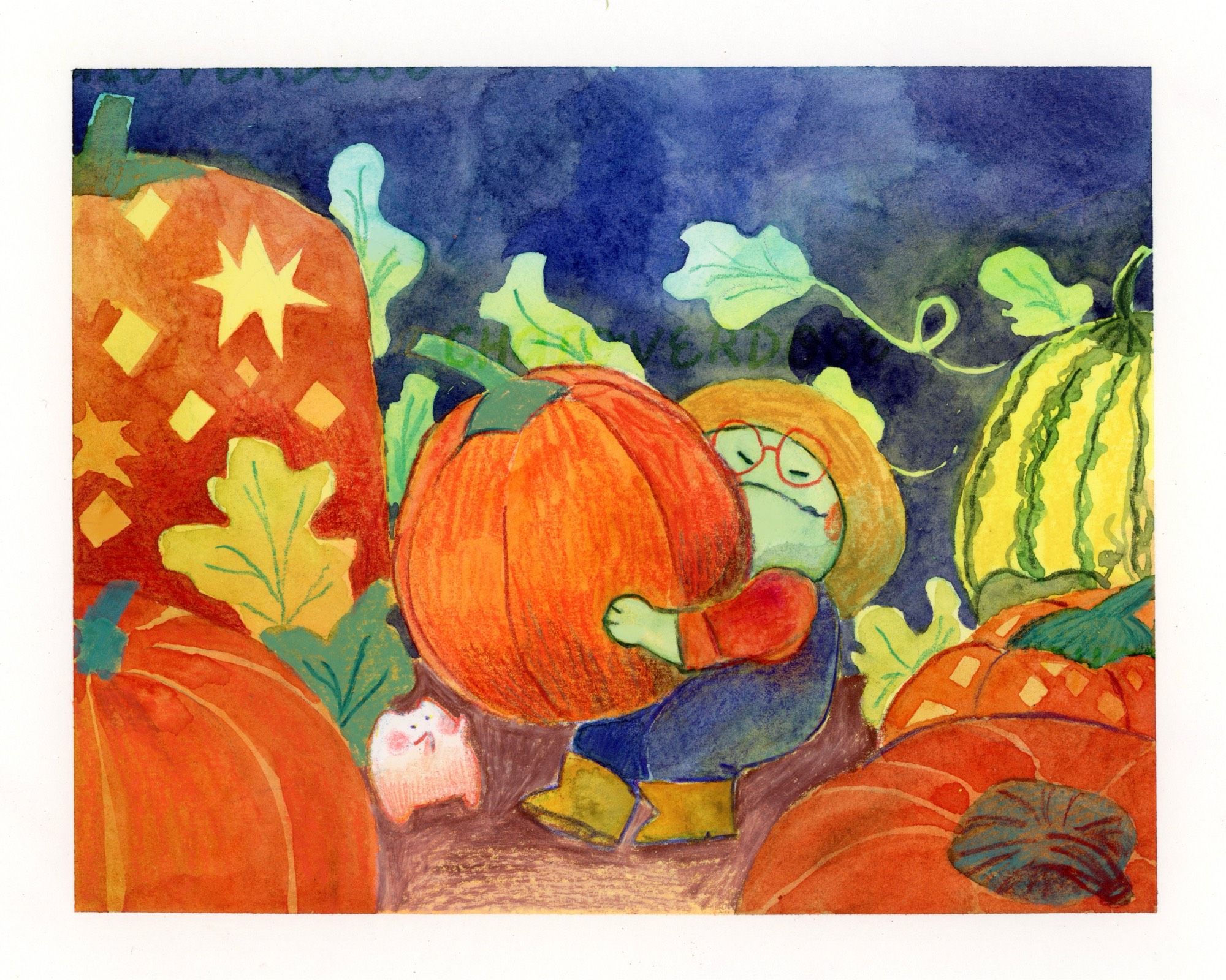 An illustration of a frog in work overalls struggling to lift a pumpkin their own size. Next to them, a smol white cat like creature pretends to help. The scene is in a pumpkin patch