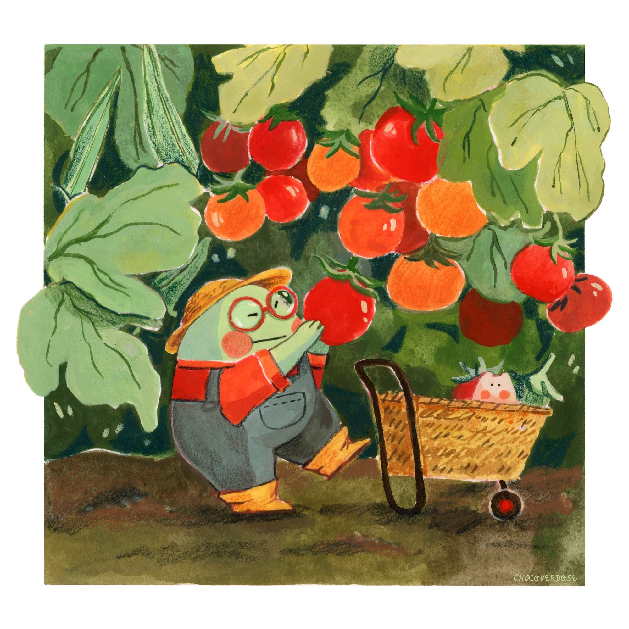 A cute painting of a small round frog in overall struggling to pluck a cherry tomato. The painting is made in acrylic gouache, colour pencils, and crayons