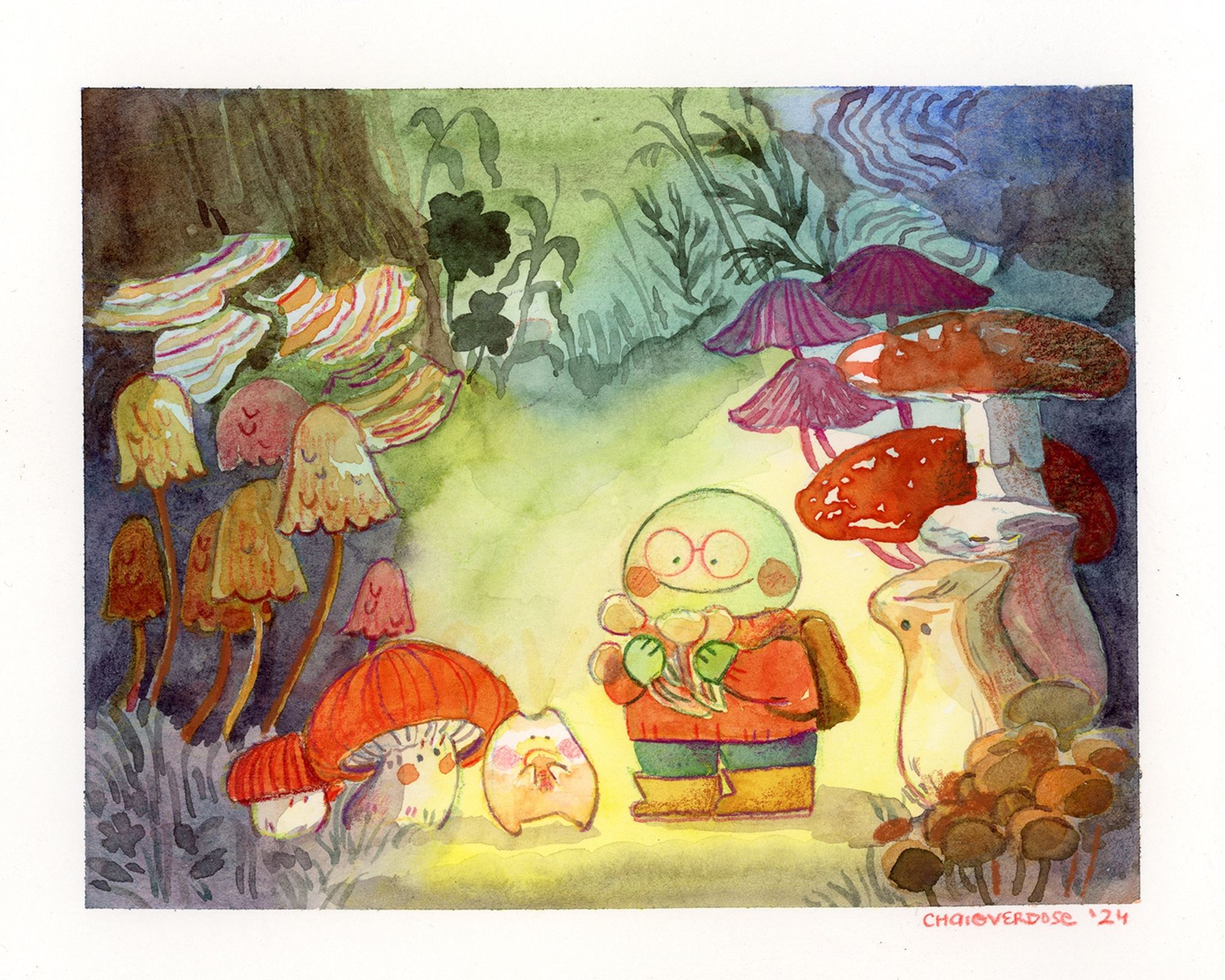 A watercolor illustration of a frog and a small white cat like creature picking mushrooms in an illuminated mushroom patch. The mushrooms seems to be looking upon them with curiosity