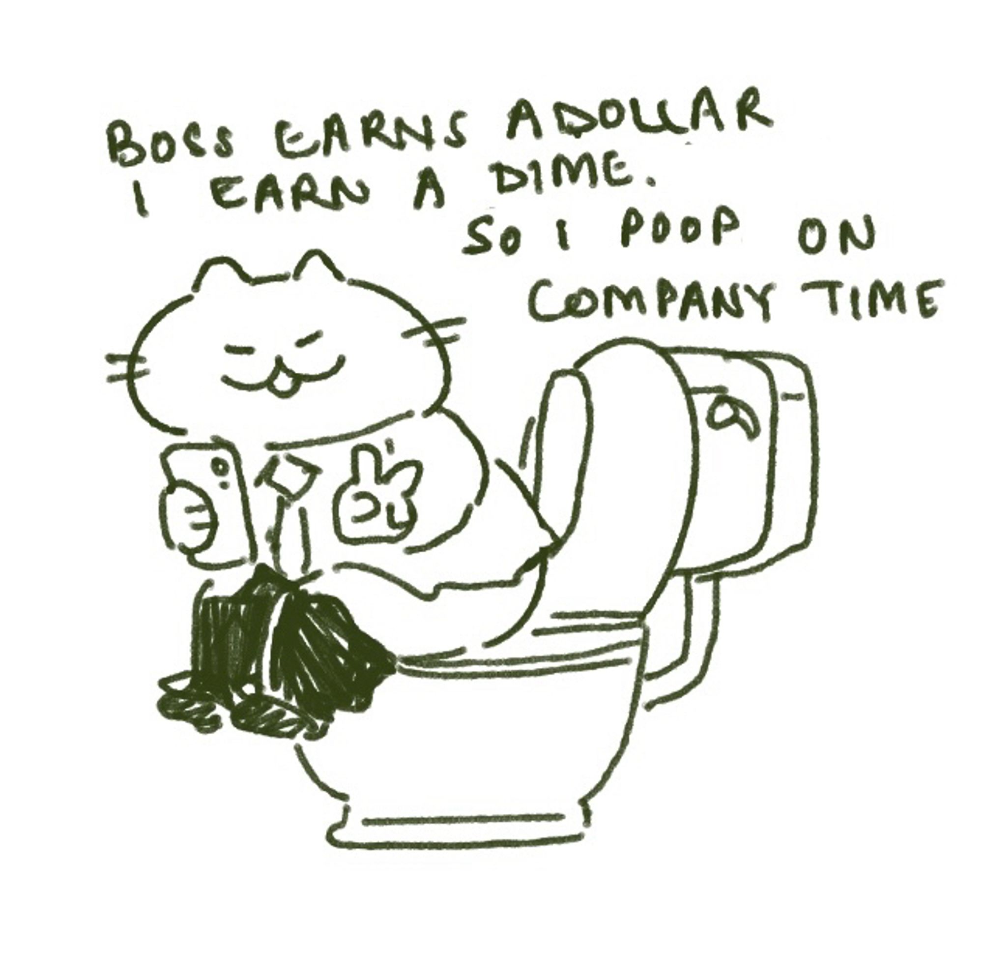 A doodle of a smiling corporate attire wearing cat with a phone in hand, holding up a victory sign while sitting on the loo. The text in the image reads “Boss earns a dollar, I earn a dime. So I poop on company time.”