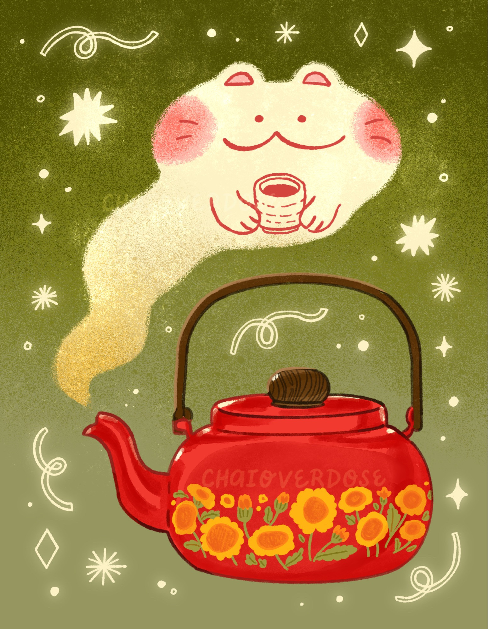 An illustration of a friendly cat spirit rising as steam from a red . The cat is smiling and has a cup of tea in their paws.