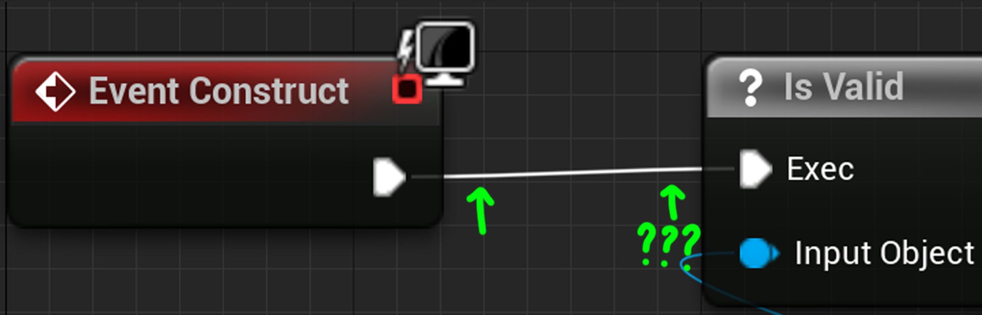 A screenshot from an Unreal Engine blueprint where the execution line of the first two nodes never line up perfectly.