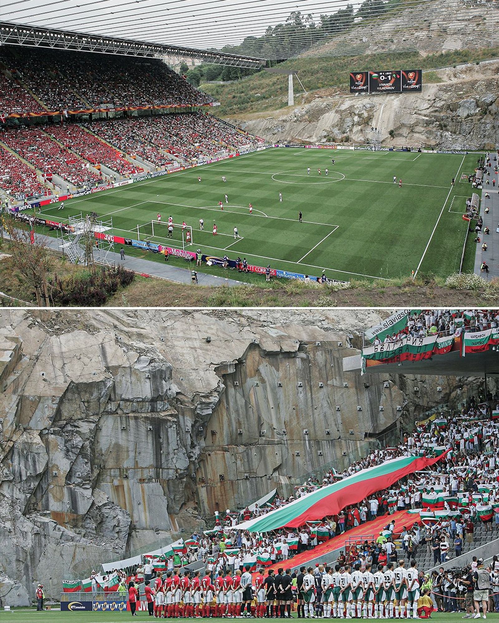 Two pictures of the Estádio Municipal of Portuguese football club SC Braga which is literally carved into the mountain and have an geologic outcrop at the far end of the football field. Picture from @ESPNFC on X