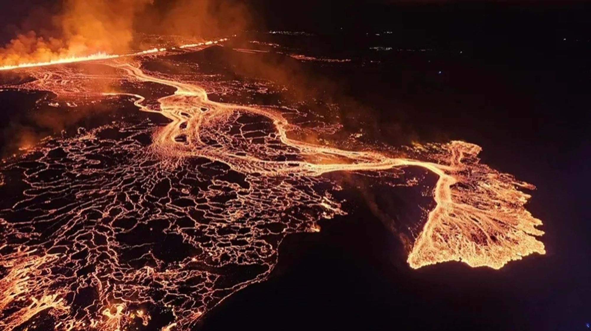 Night photo of lava flows on Iceland. Provided by the Icelandic Coast Guard