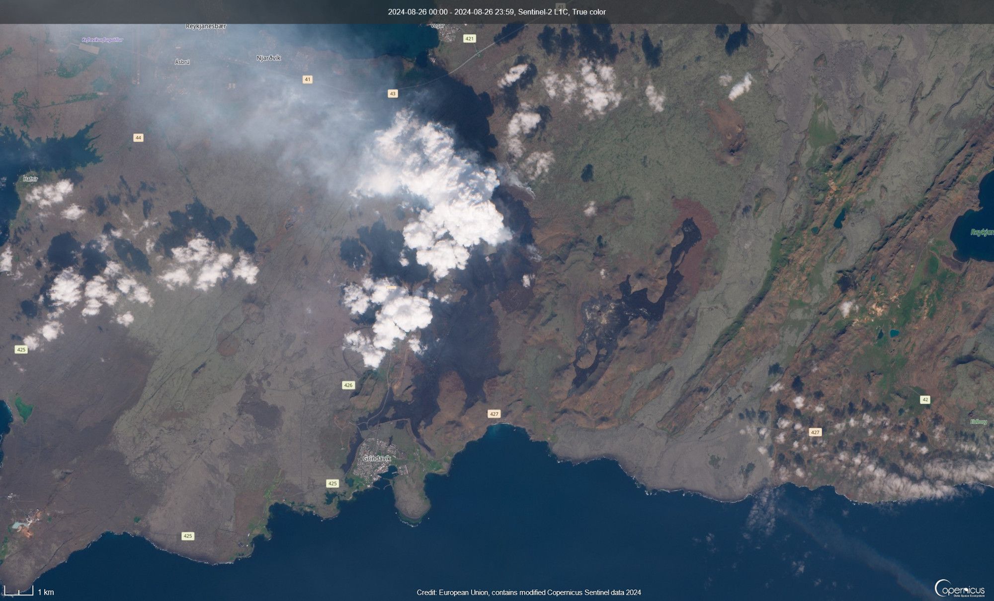 Satellite image of Grindavik, Iceland showign the eruption site and gas plumes emerging from it.