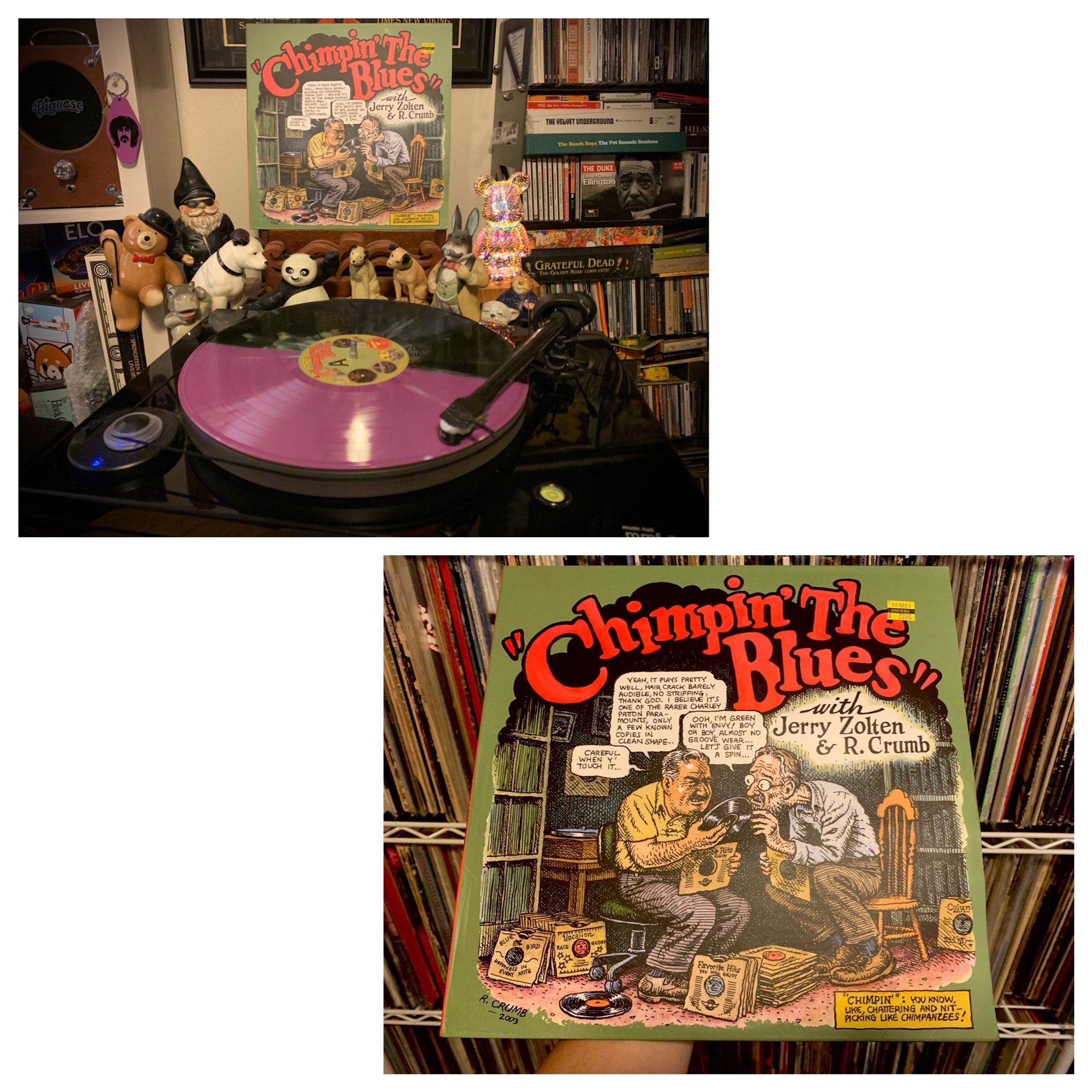 After walking more than 2 miles today around Golden Gate Park, I popped into Amoeba to check on new arrivals and such. Found this fun collection of old blues sides in the form a sort of radio show with R. Crumb and his collector friend Jerry Zoltan.  For 8bux, couldn't leave this behind.... Fun stuff!  This was released in 2013 and on Discogs there seems to be a lot of different colored vinyl variants. Anyone know the lineage of this?