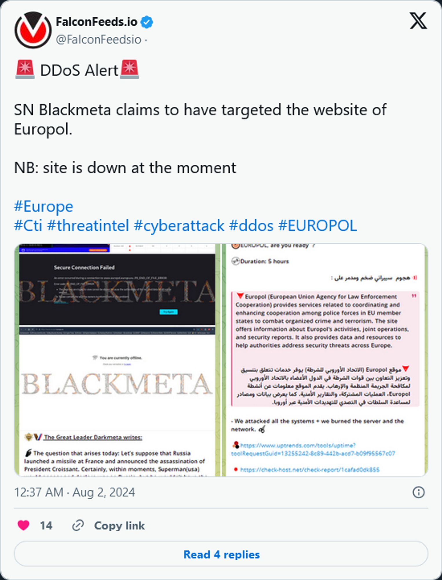 Screenshot of Falconfeeds.io alert of SN_BLACKMETA DDoS attack on EUROPOL, an international law-enforcement coordination group within Europe which is, in part, responsible for enforcement of Magnitsky Act sanctions and warrants for arrest for Russian Oligarchs.