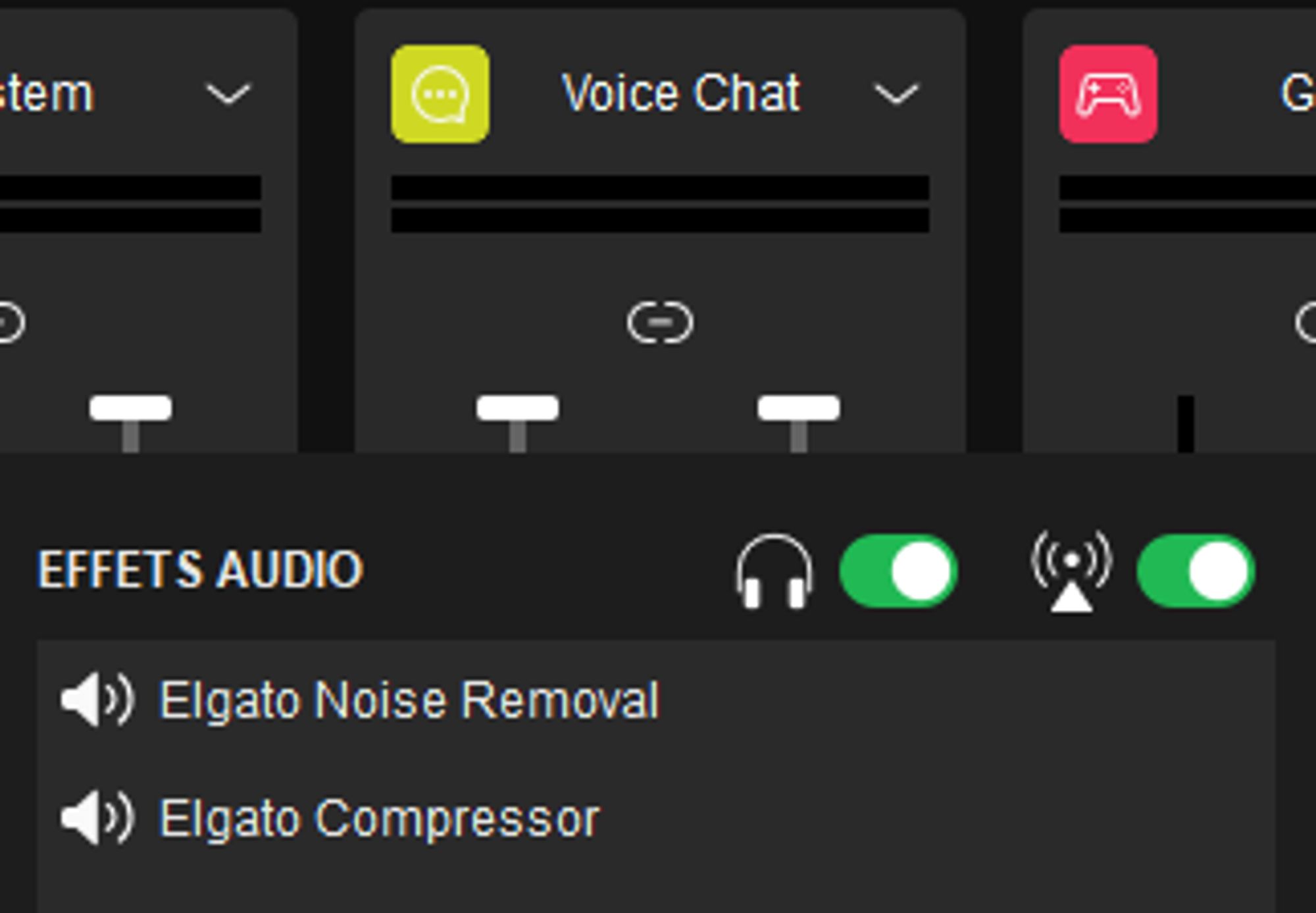 Capture d'écran de l'application Wave Link d'Elgato montrant les paramètres audio. Sous le paramètre "Voice Chat", deux effets audio sont activés : "Elgato Noise Removal" et "Elgato Compressor". Les icônes de casque et de haut-parleur sont allumées, indiquant que le son est à la fois diffusé et écouté.