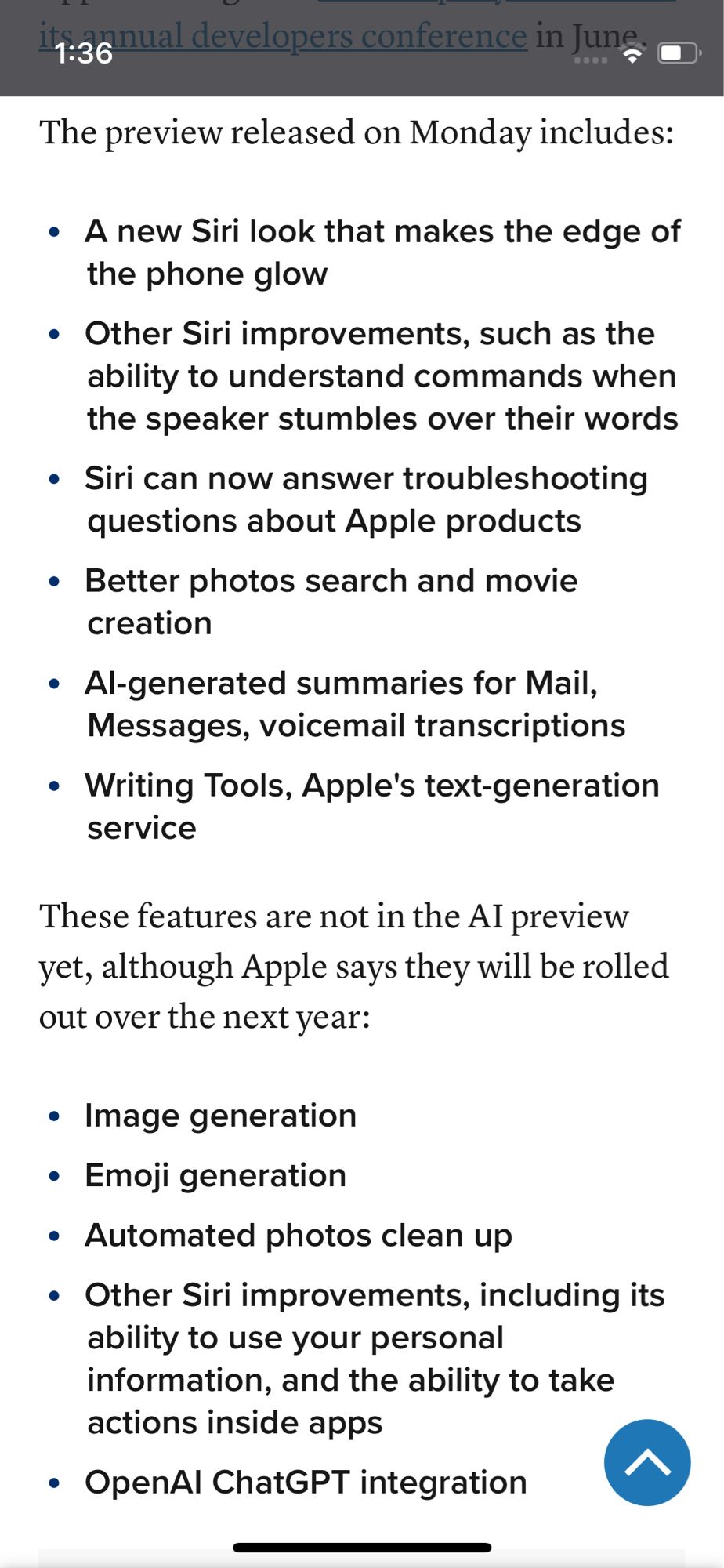 A description of the new features included in the new Apple Intelligence feature, plus features not included but on the roadmap. From CNBC “Apple releases first preview of its long-awaited iPhone AI”