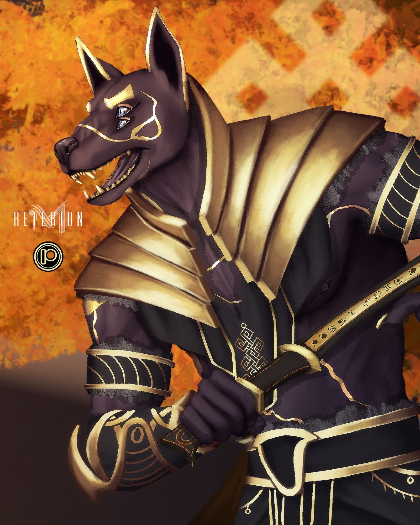 A digital painting of a four-eyed jackal dressed in golden armor wielding a giant khopesh.