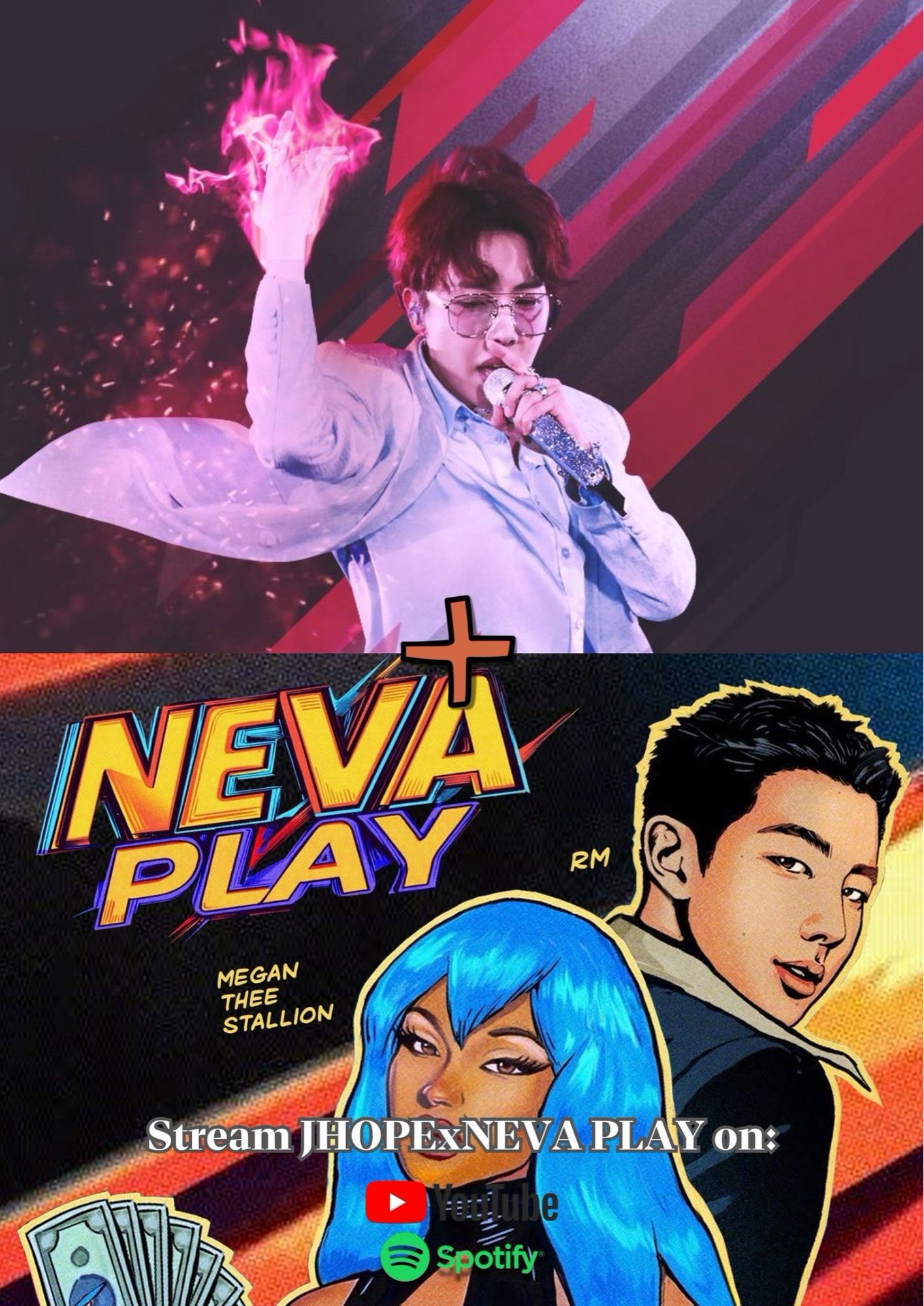 Poster of ‘Hobi’s Homecoming Project” - an ARMY organized streaming project created to encourage/boost BTS’ J-Hope’s streaming numbers since he will soon be returning from the military after successfully completing his mandatory military service. 
Today’s poster also includes Megan Thee Stallion’s new Song ‘Neva Play’ which features RM of BTS.