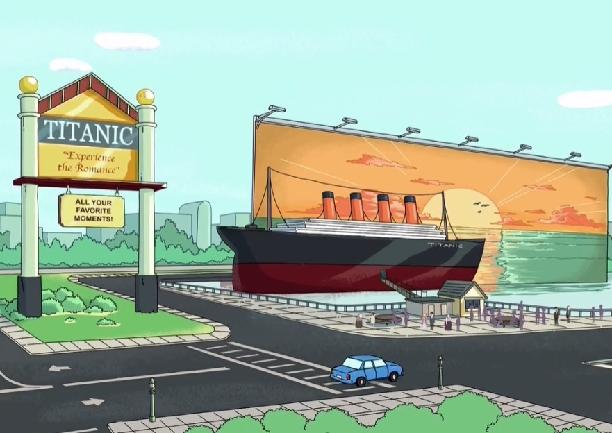 Long shot of the entrance, signage, and ship for the Titanic 2 theme park in the Rick snd Morty episode Ricksy Business