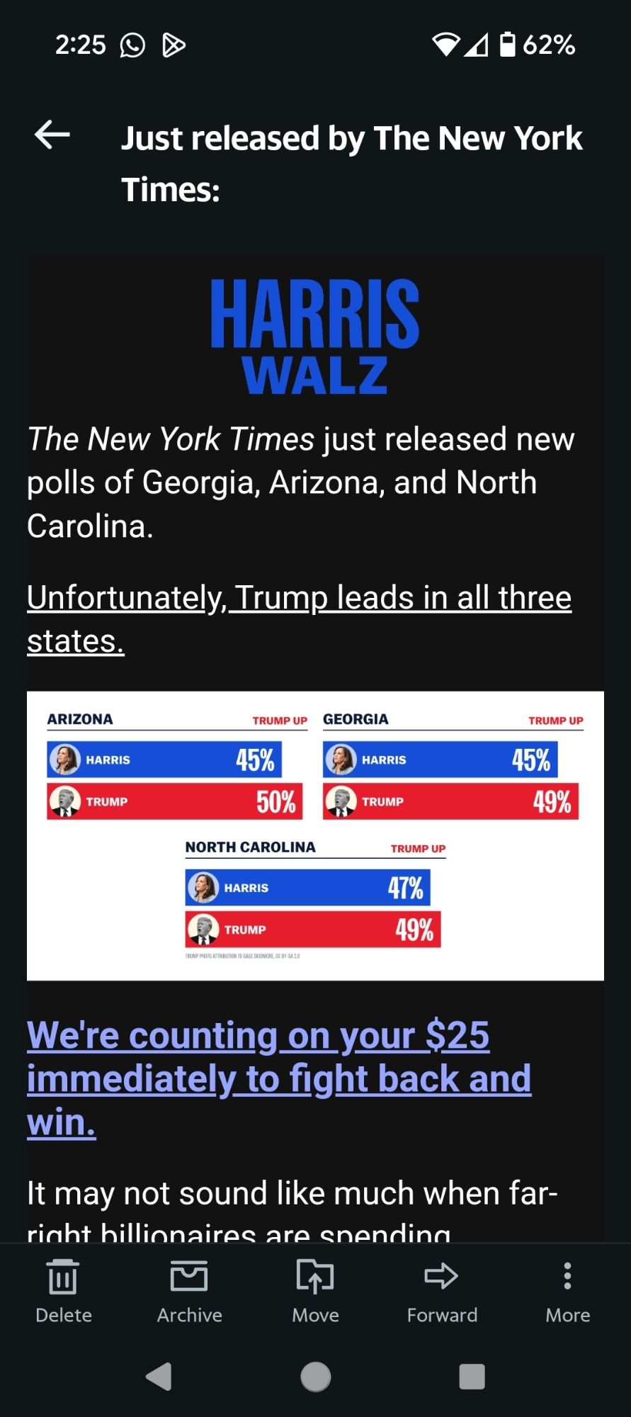 Beginning of a fundraising email for Harris-Walz showing three polls from the NYT. Polls show Harris down by 5 in AZ (45-50), down by 4 in GA (45-49), and down by 2 in NC (47-49)