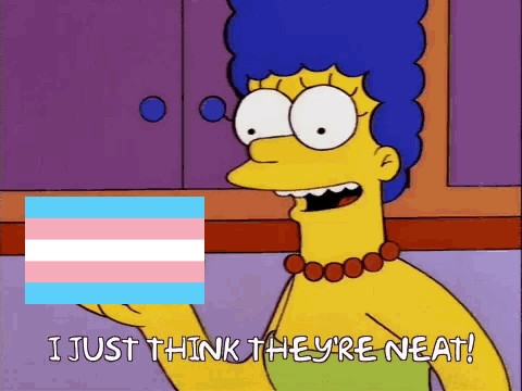 Marge Simpson holding a trans flag and saying "I just think they're neat!"