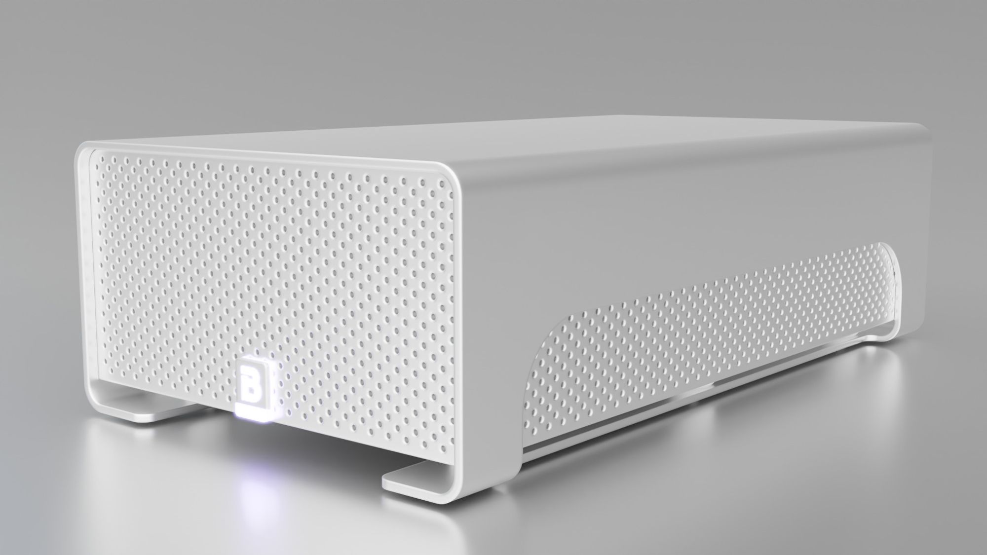 A 3d render of a silver metallic harddrive with curved edges, mesh case, and a light on the front.