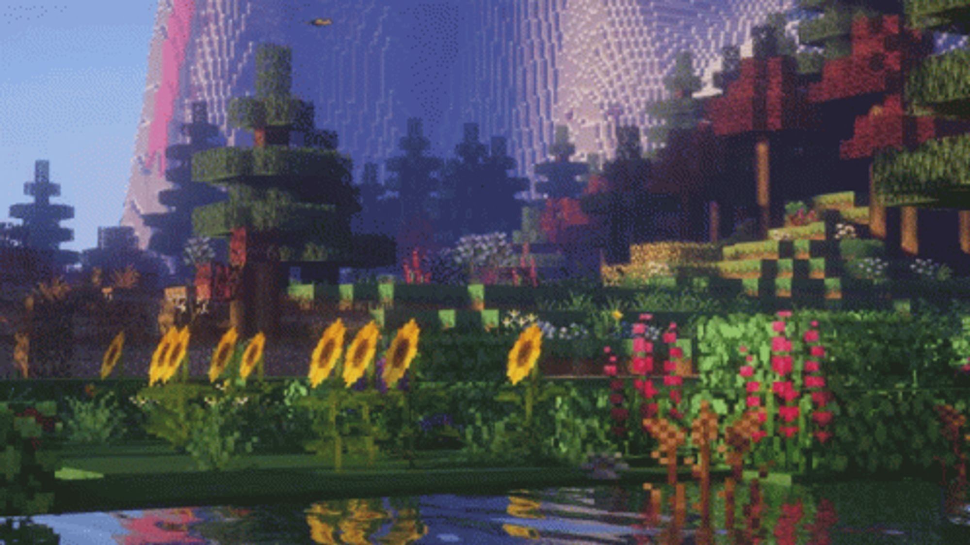 An animated gif of a landscape with trees and sunflowers in Minecraft.
Um gif animado de uma paisagem com árvores e girassóis no Minecraft.