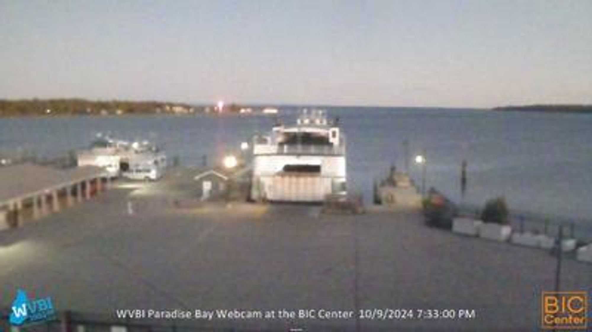 Security cam of the Beaver Island Ferry dock. // Image captured at: 2024-10-09 23:34:08 UTC (about 28 min. prior to this post) // Current Temp in St. James: 48.52 F | 9.18 C // Precip: clear sky // Wind: N at 0 mph | 0 kph // Humidity: 66%