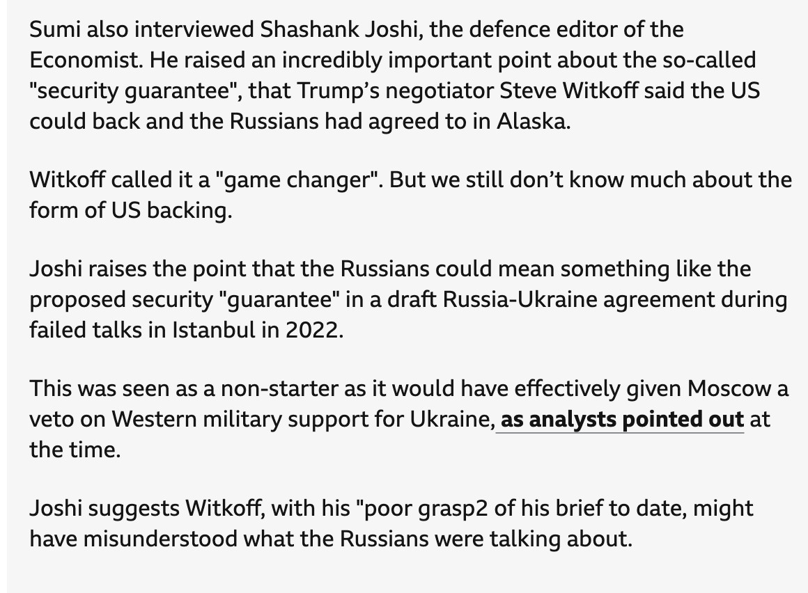 BBC reporting starting to wonder if Steven Witkoff knows what he's talking about. 