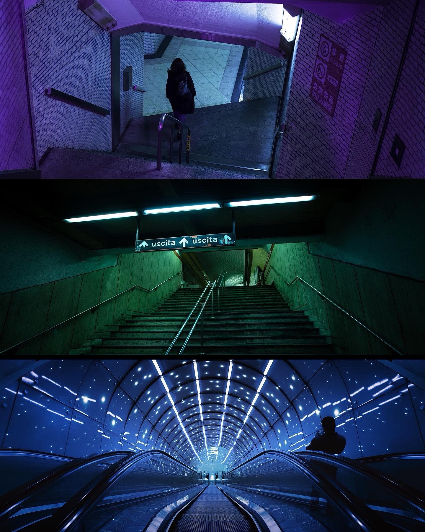 Subways at night. Tokyo, Rome & Warsaw. 