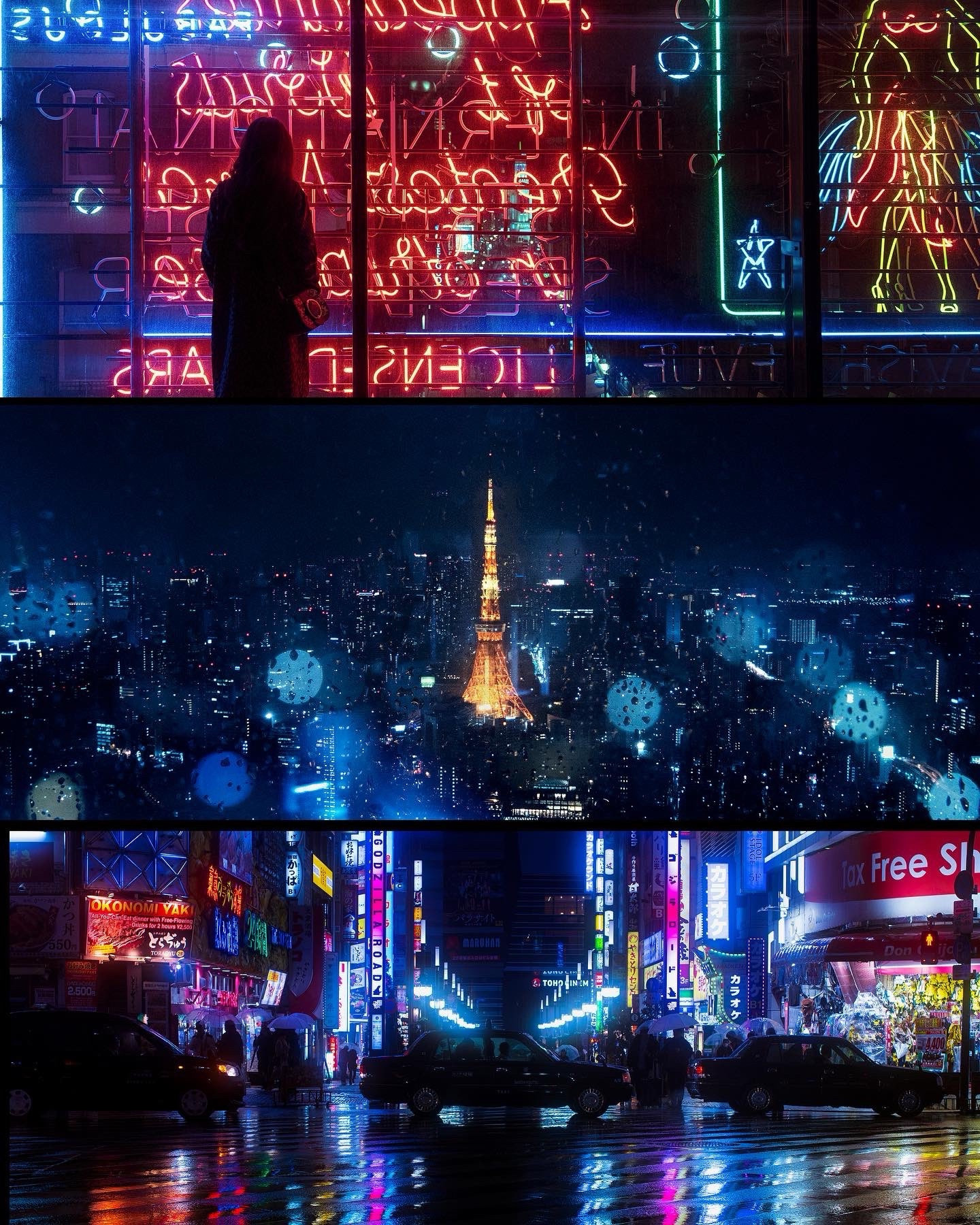 The silhouette of woman standing in front of a large neon sign in Soho, London. Tokyo tower in the rain. A taxi in the middle of Tokyo’s Red Light District lit up by neon reflections on a rainy night. 