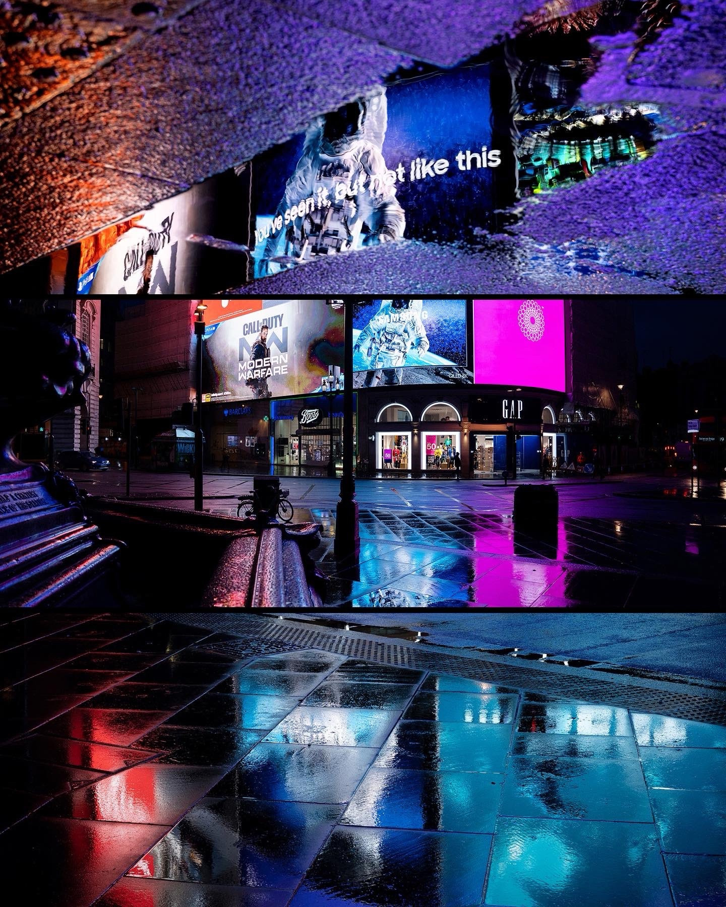 A colourful view of London’s Piccadilly Circus in the rain at 4am. 