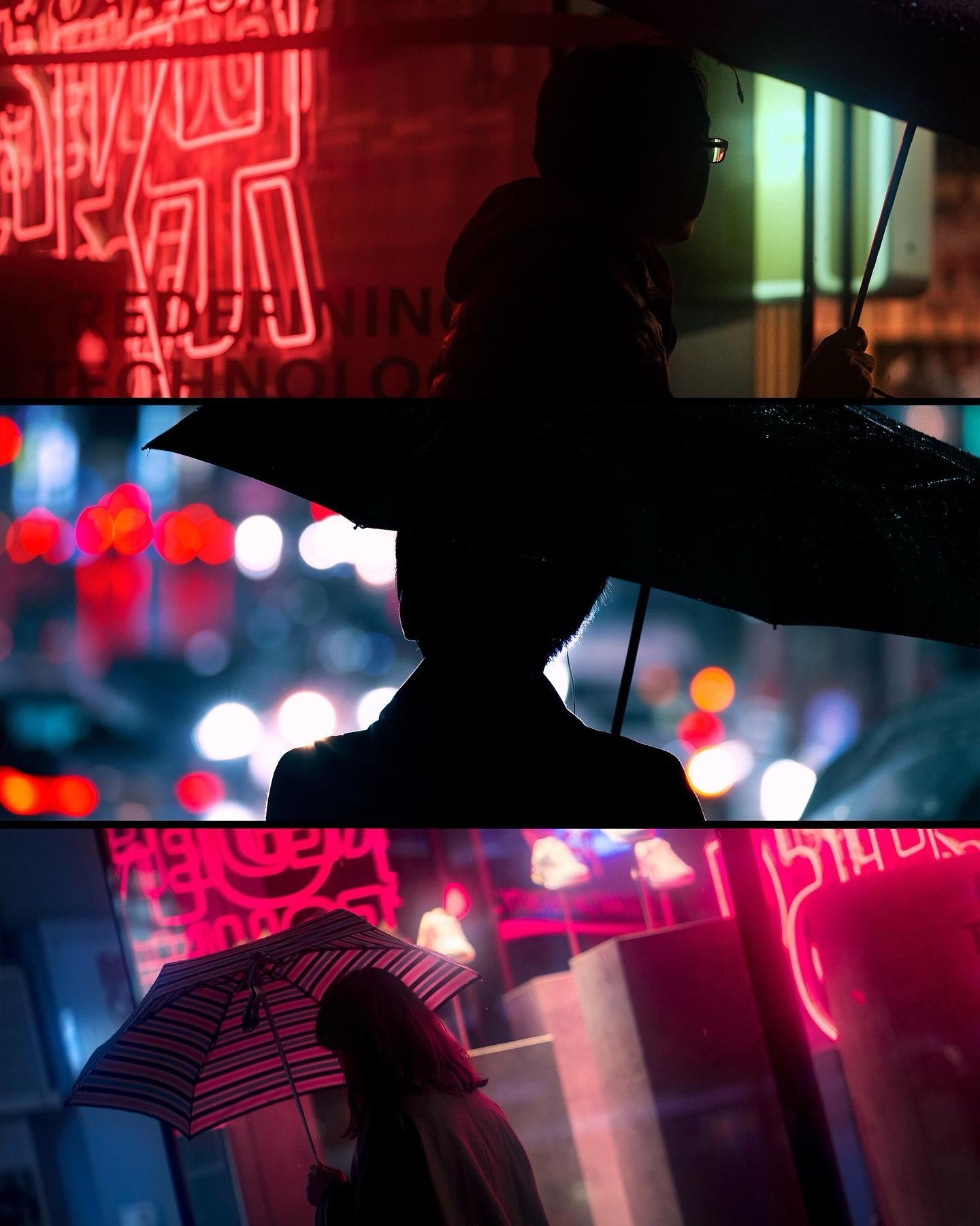 A compilation of people with umbrellas in the rain in Tokyo at night. 