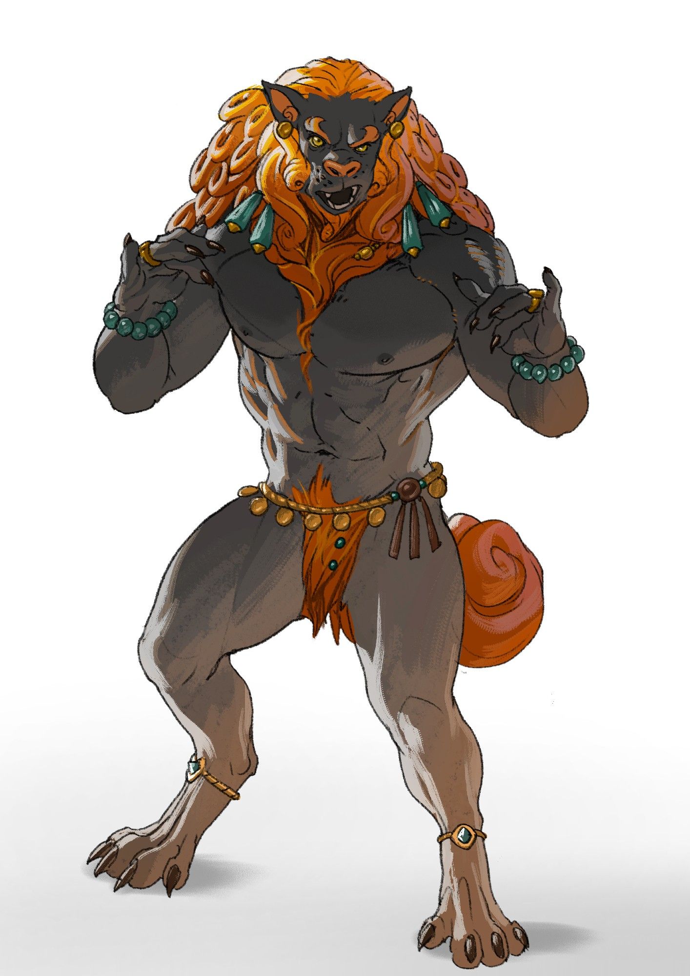 Buff anthro Foo dog with orange fur and black body