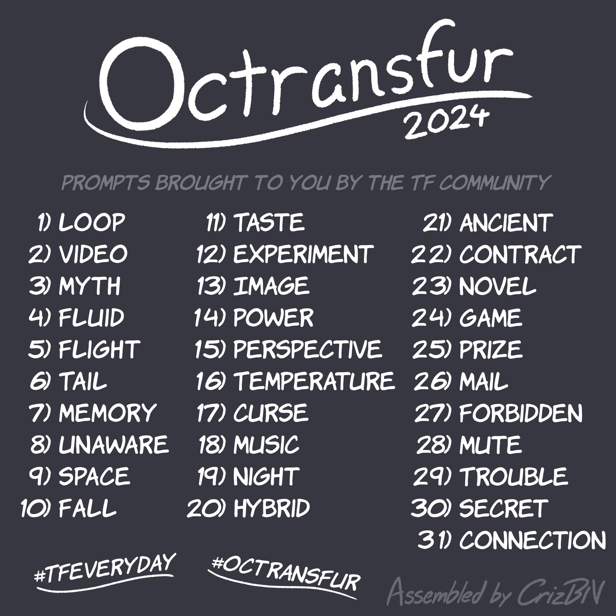 The Octransfur 2024 Prompt List:

Loop
Video
Myth
Fluid
Flight
Tail
Memory
Unaware
Space
Fall
Taste
Experiment
Image
Power
Perspective
Temperature
Curse
Music
Night
Hybrid
Ancient
Contract
Novel
Game
Prize
Mail
Forbidden
Mute
Trouble
Secret
Connection