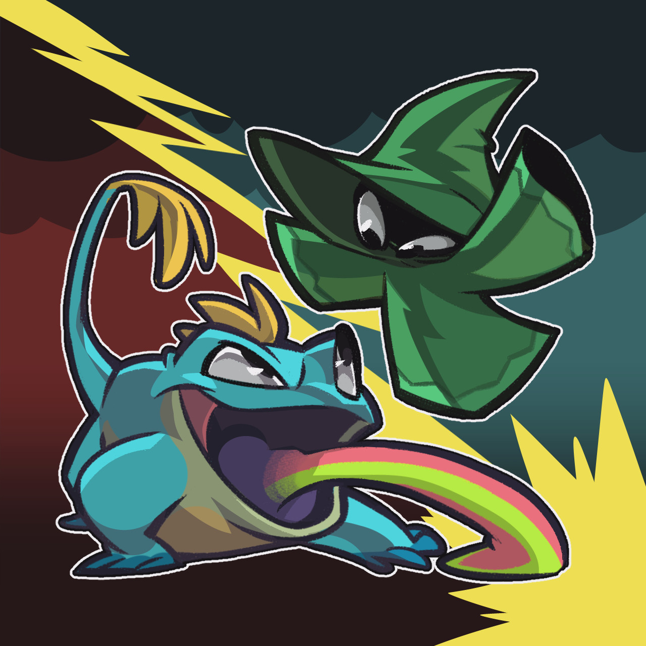 "Versus." A drawing of two enemies from Spyro the Dragon, a green wizard and an attack frog. The characters are facing each other with a look of challenge and are doing their in-game attacks: a lick from the attack frog, and a lightning bolt from the wizard that also serves to visually split the image in two.