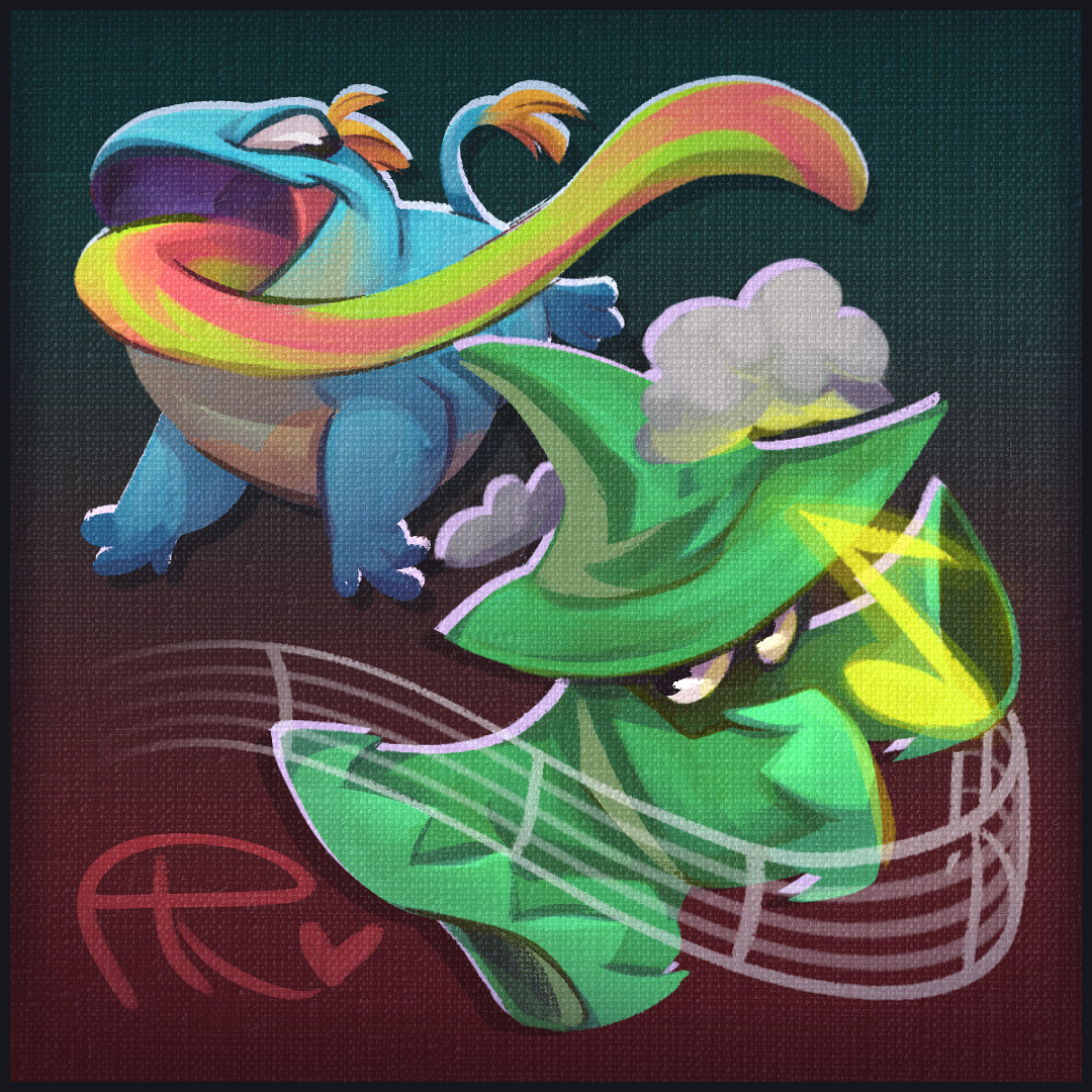 "Co-Op." A painting of two enemies from Spyro the Dragon, a green wizard and an attack frog. The characters' bodies are facing away from each other, but they are glancing back to one another with confident expressions. Notably, the green wizard seems to be forming a musical staff out of magic, and yellow glowing "eighth note" resembling a lightning bolt is shown between it hands.