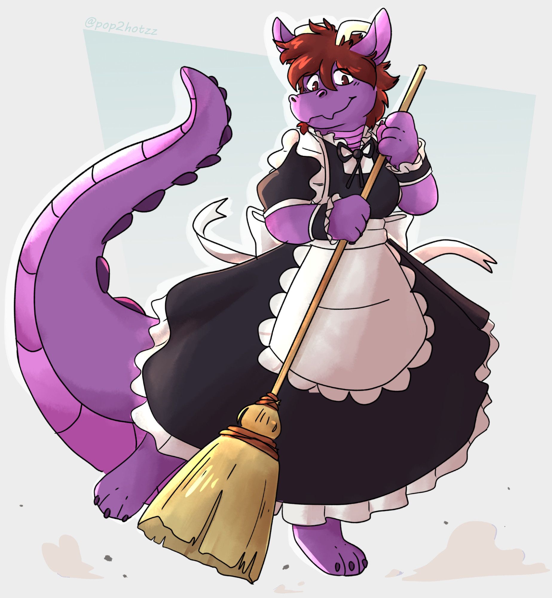 A pink and purple dragon is in a long maid outfit, smiling at the viewer while sweeping the floor. The background is abstract.