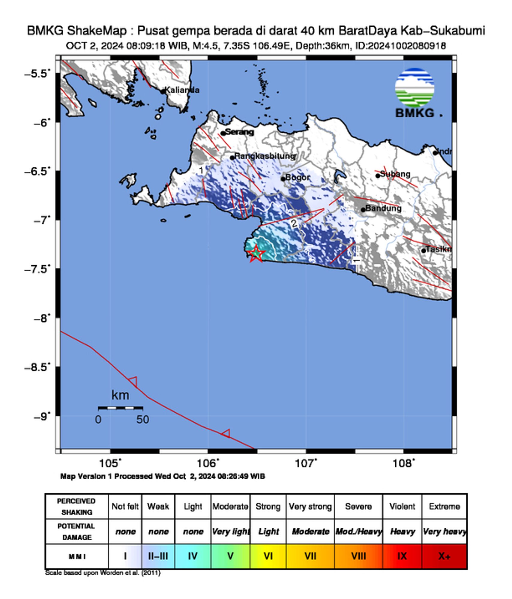 informasi gempa: Pusat gempa berada di darat 40 km BaratDaya Kab-Sukabumi