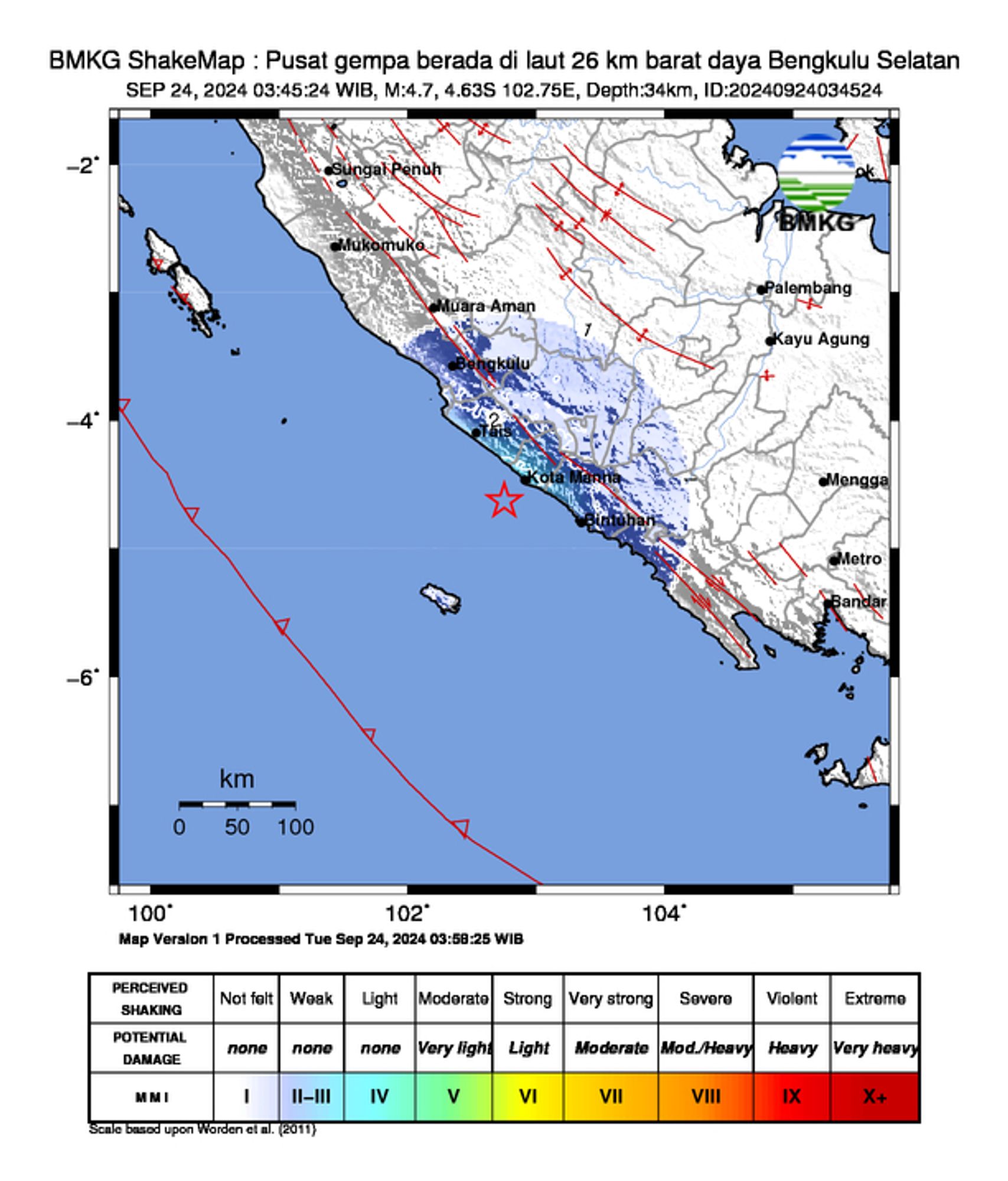 informasi gempa: Pusat gempa berada di laut 26 km barat daya Bengkulu Selatan