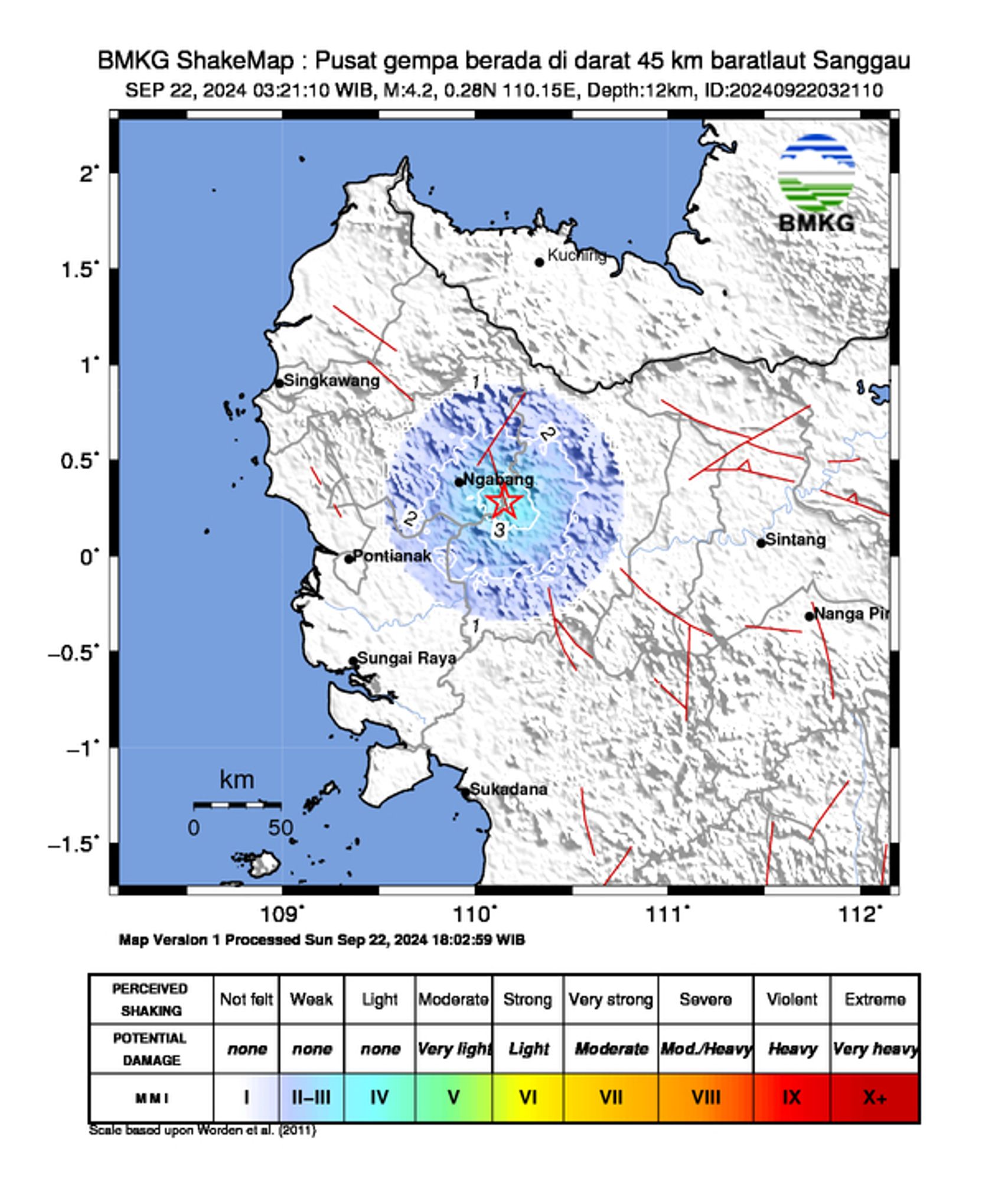 informasi gempa: Pusat gempa berada di darat 45 km baratlaut Sanggau