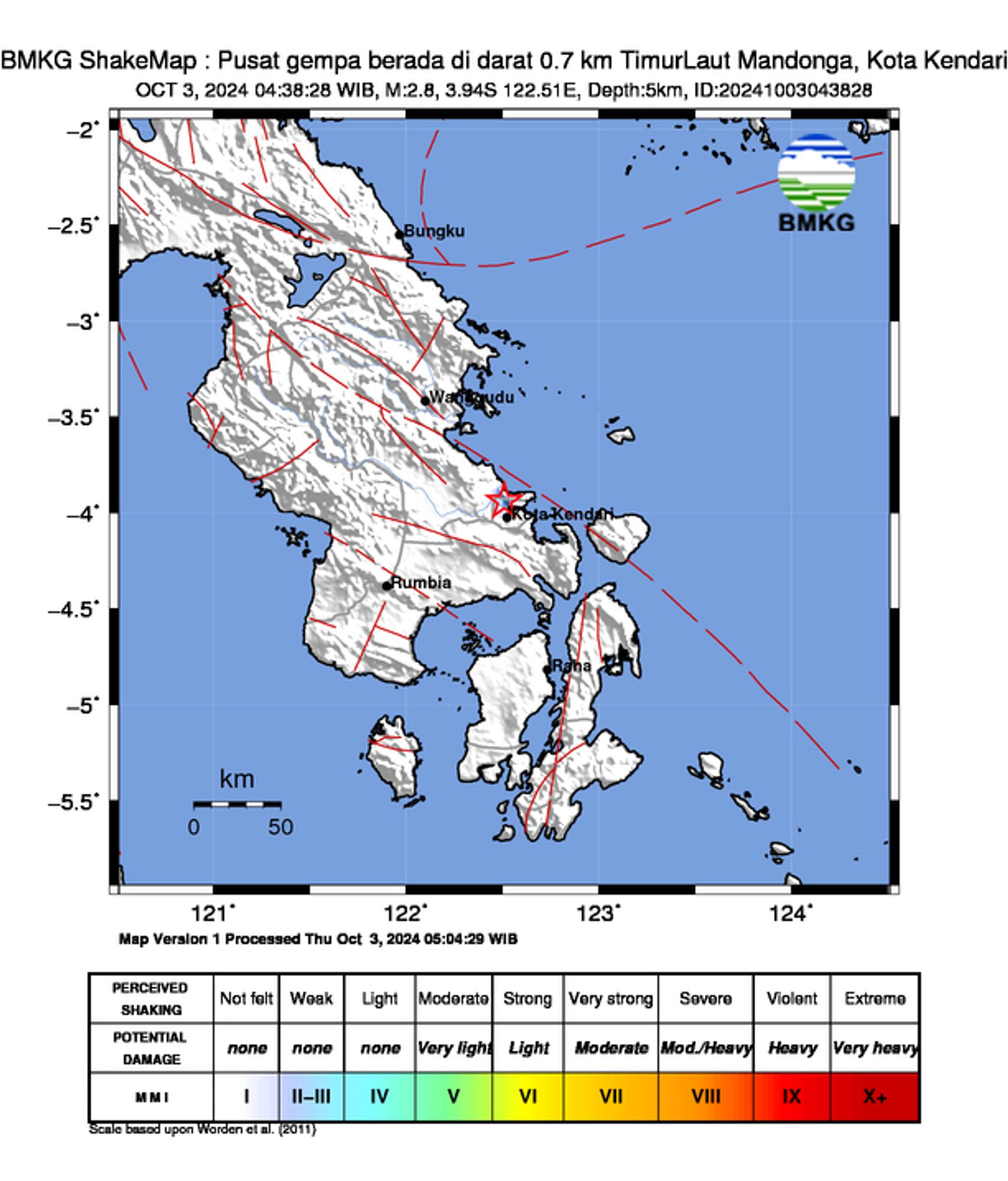 informasi gempa: Pusat gempa berada di darat 0.7 km TimurLaut Mandonga, Kota Kendari